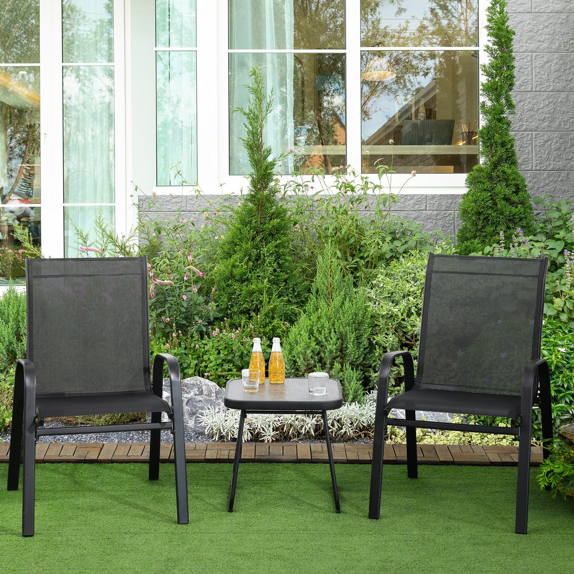 Outsunny 3-teiliges Gartenmöbelset mit 2 stapelbaren Stühlen und quadratischem Tisch mit hoher Rückenlehne und schwarzem Textilene-Bezug
