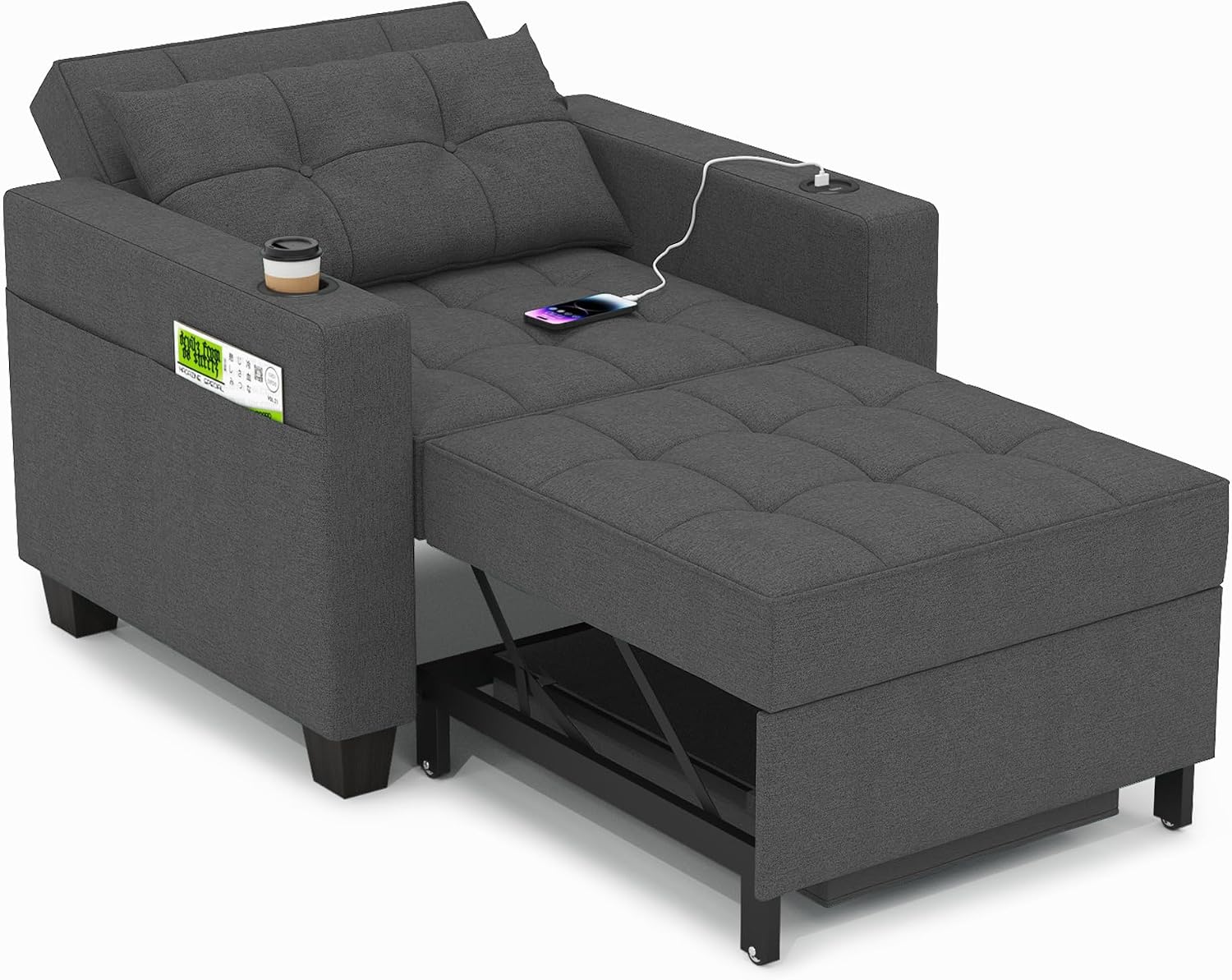 DURASPACE Schlaferstuhl, 3-in-1 umwandelbarer Stuhl Bett, Schlafsofa mit USB-Anschlüssen, Getränkehalter für kleinen Raum (Dunkelgrau), Seitentasche