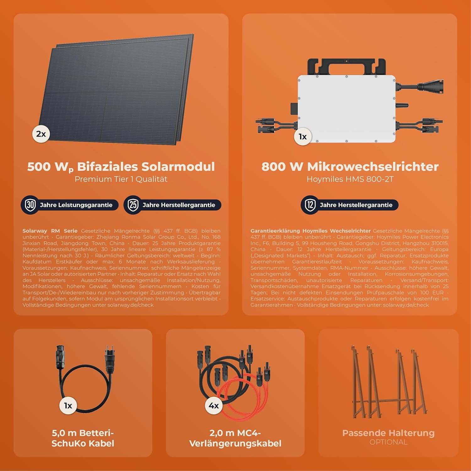 Solarway® Balkonkraftwerk 800W mit 1000Wp Solarmodulen – Komplettset mit Hoymiles HMS-800W-2T Wechselrichter – 2× 500W bifaziale Black Solarpanels – Mini PV Anlage für Steckdose inkl. Zubehör