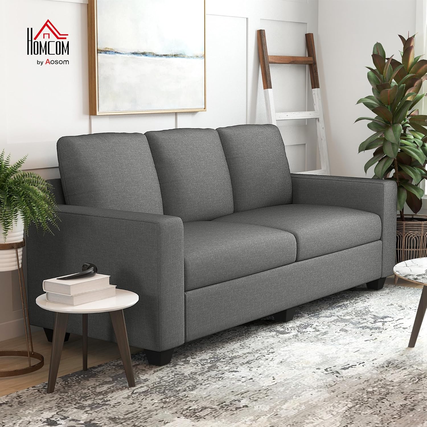 HOMCOM Divano 3 Posti in Tessuto, Divano Moderno per Soggiorno con Braccioli e Cuscini Imbottiti e Rivestimento Effetto Lino, 237x94x102cm, Grigio