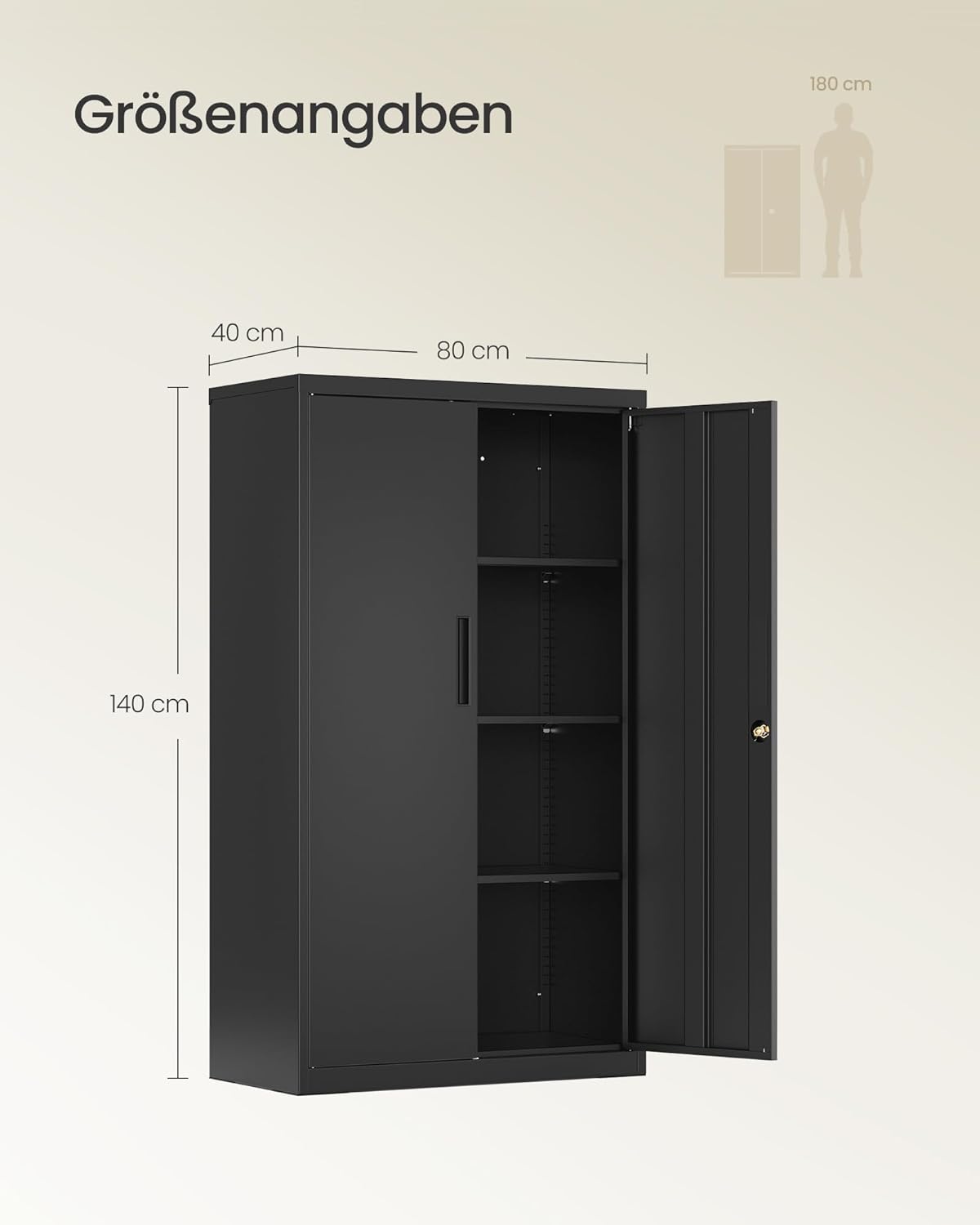 SONGMICS Aktenschrank, Metallschrank, Aufbewahrungsschrank, Büroschrank abschließbar, mit 2 Türen, aus Stahl, 80 x 40 x 140 cm, 3 verstellbare Ablagen, Mattschwarz OMC020BD01