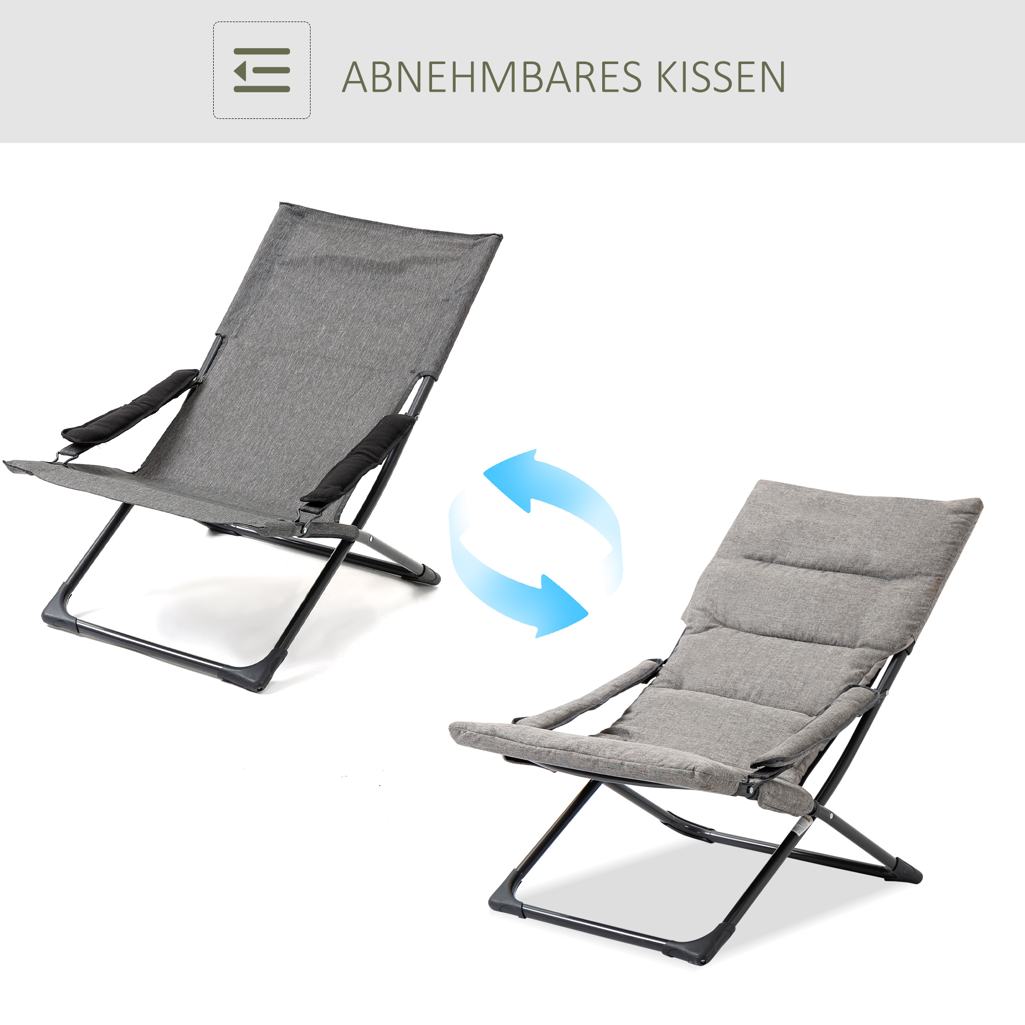 klapstoel met verwijderbaar kussen tuinstoel campingstoel ligstoel zitmeubel tuin terras balkon textiel staal grijs 66 B x 94 D x 79 H cm