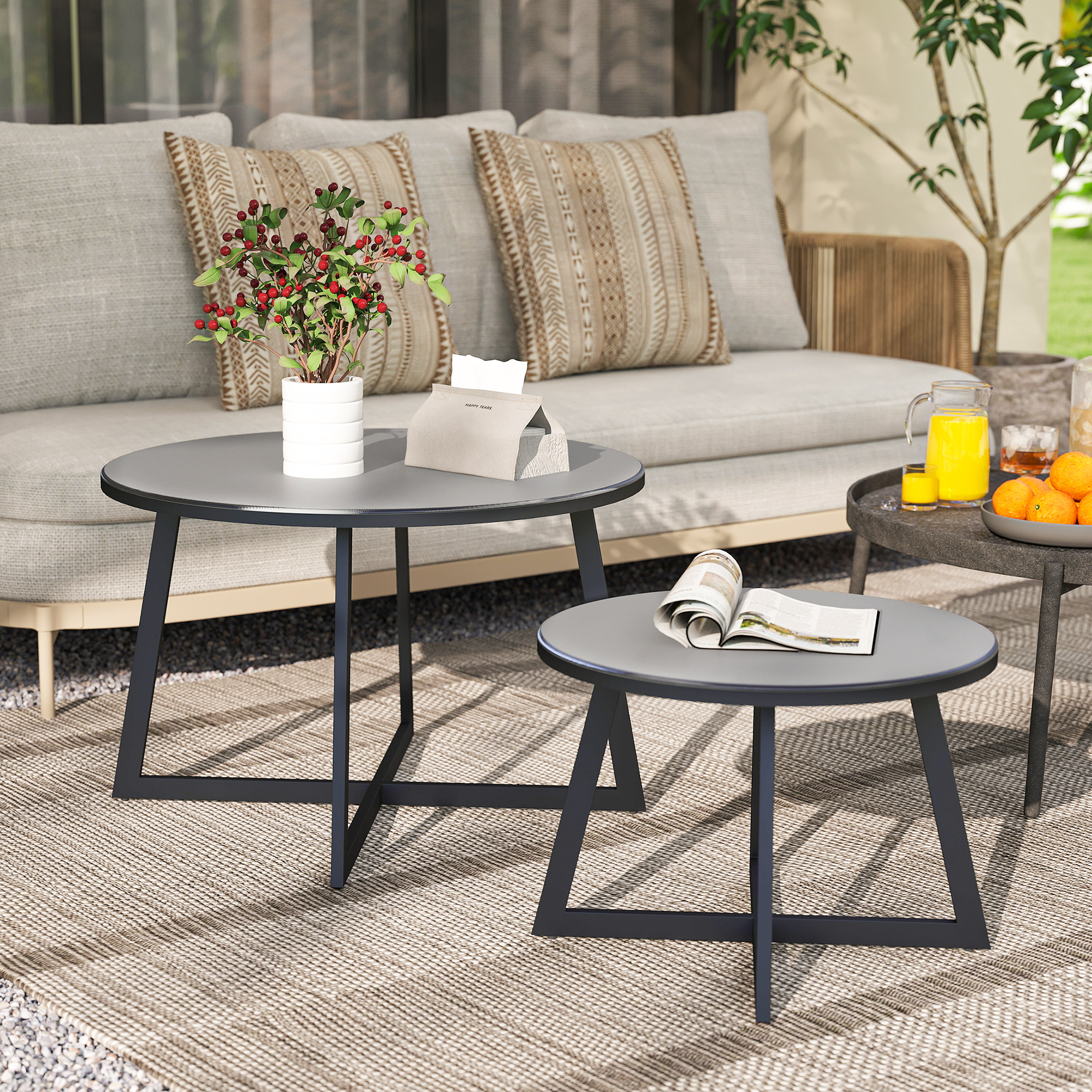 Outsunny 2er Set Beistelltisch Stapelbar Gartentisch Rund wetterfest Balkontisch mit X-Beine Glasplatte Stahl Schwarz+Grau