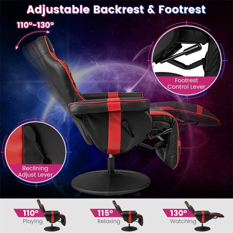 Ergonomic Gaming Recliner Chair with Massage, Retractable Footrest & Cup Holder, Height Adjustable Racing Style Swivel Video Game Chair