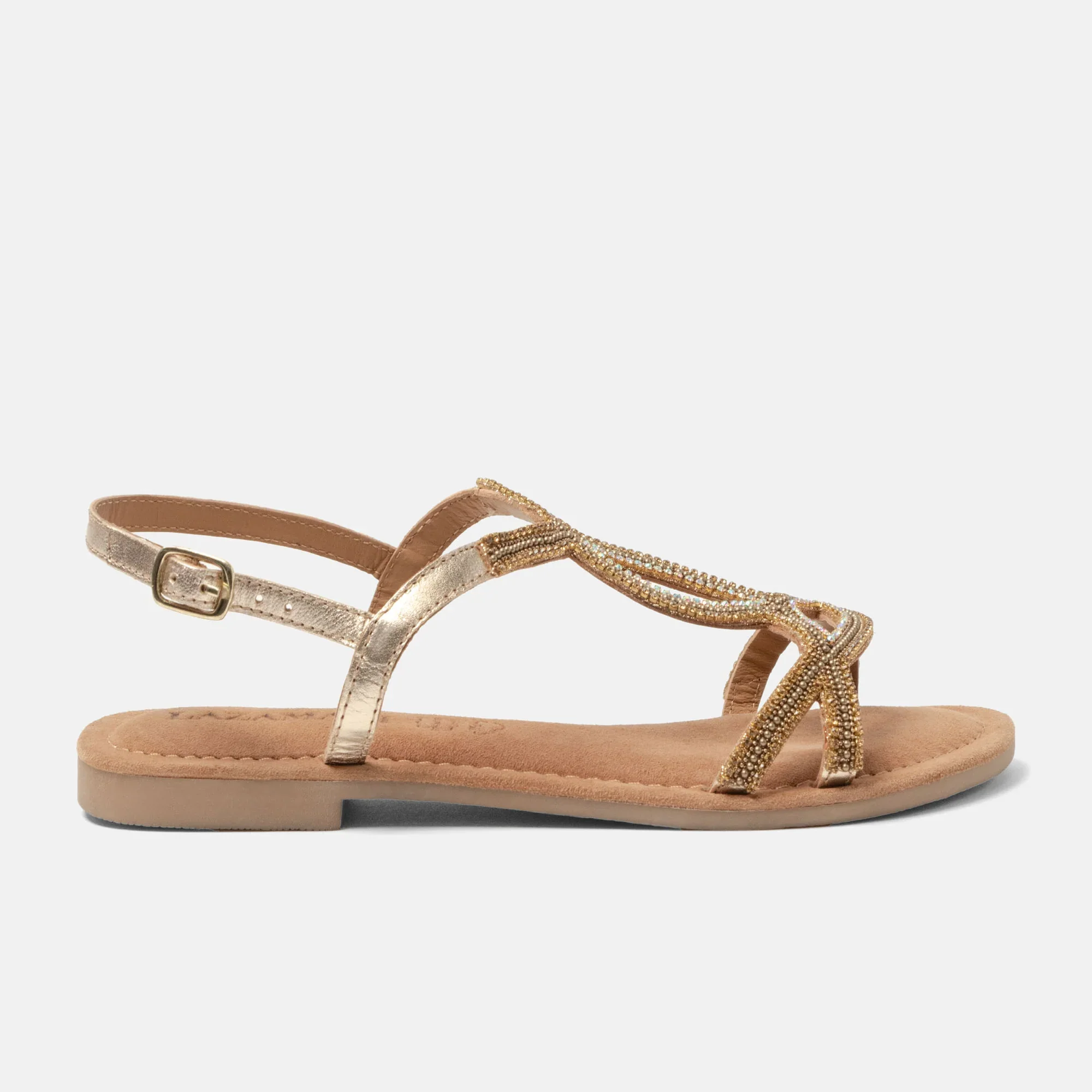 Beaded Leather Flat Sandals �C Rhinestone Embellished Summer Flats