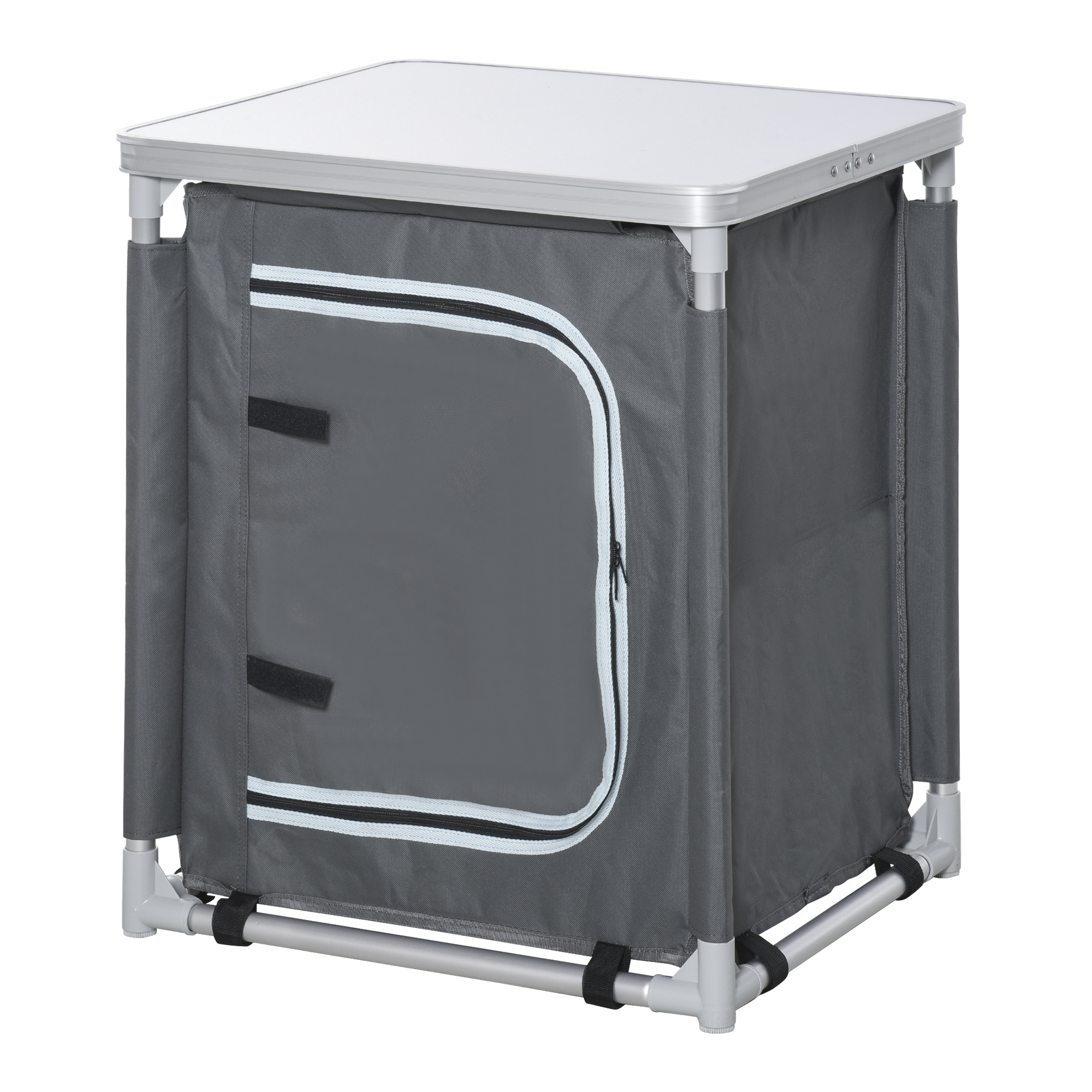 Outsunny Klappbarer Campingküchenschrank mit 2 Regalen und Transporttasche, Aluminium und Oxford-Gewebe 60x49x70cm Grau