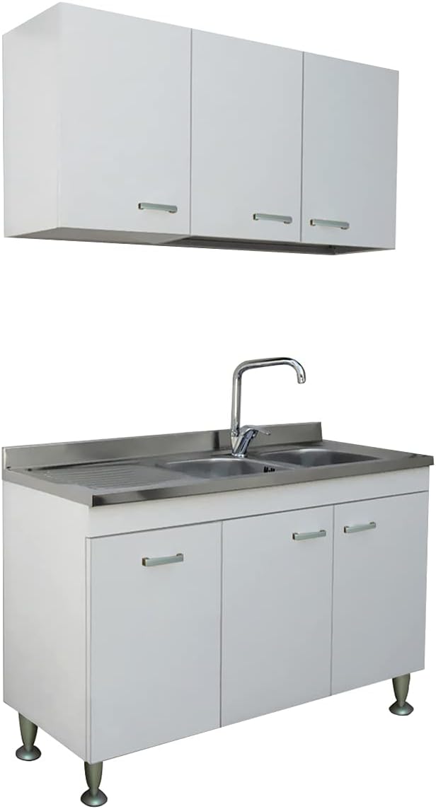 Yellowshop | Composizione cucina 120 cm versione dx o sx 3 ante finitura bianco con lavello, scolapiatti e pensile serie Basic (Versione Sx)