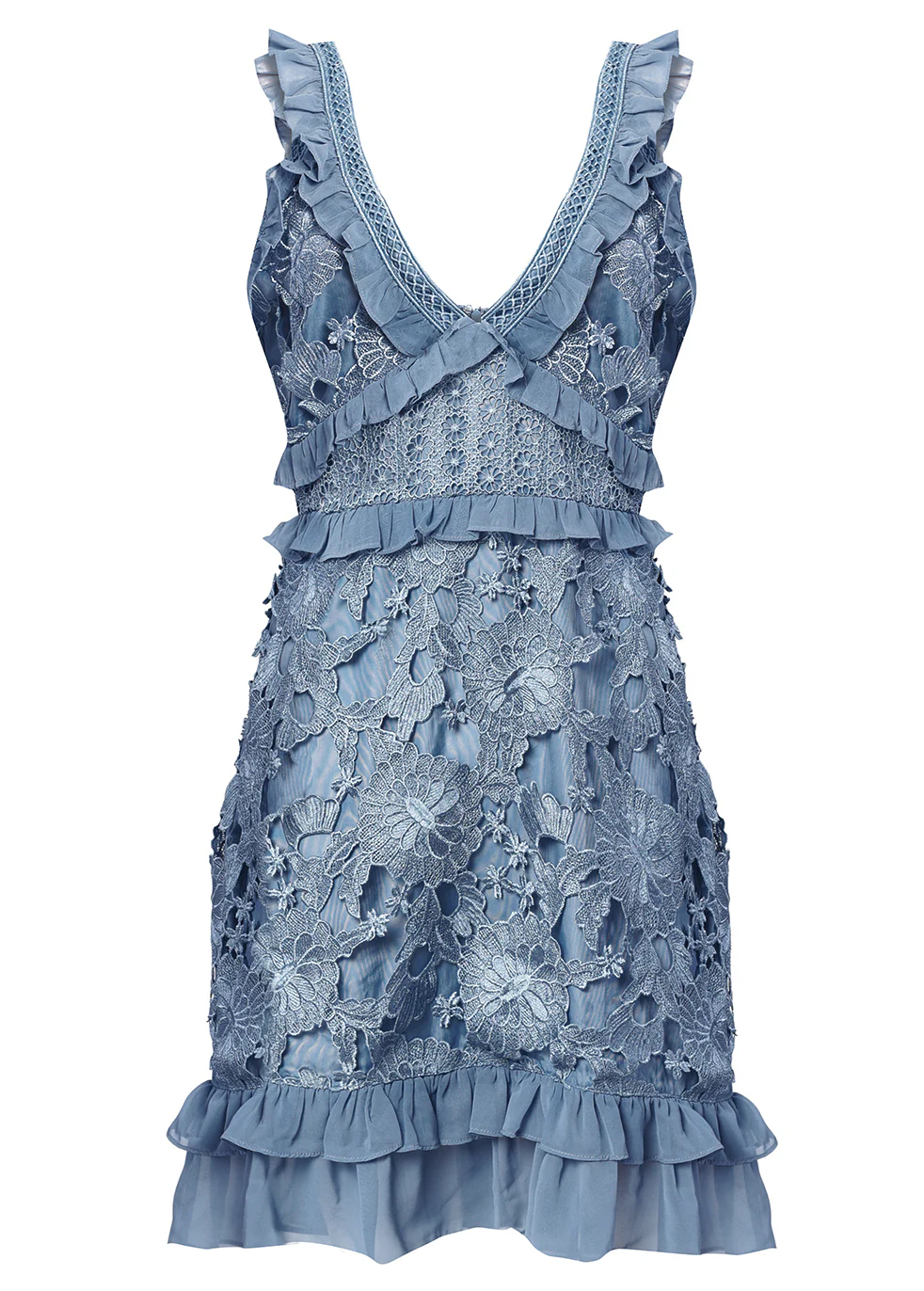 April Dusty Blue Lace Ruffle Mini Dress