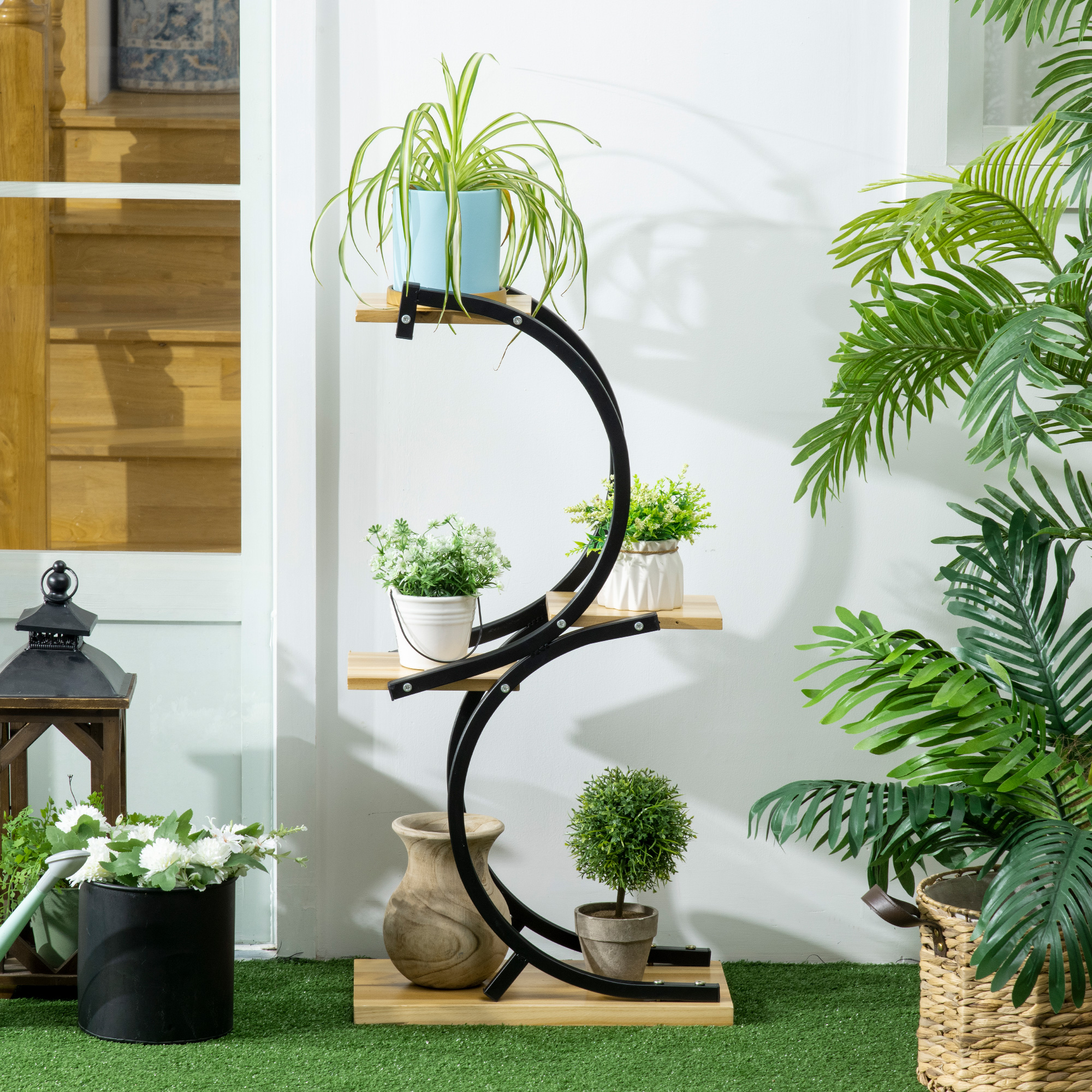 Outsunny Pflanzenständer mit 4 Regalen, Massivholz, wetterbeständig, 46 cm x 25 cm x 91 cm, Schwarz + Natur