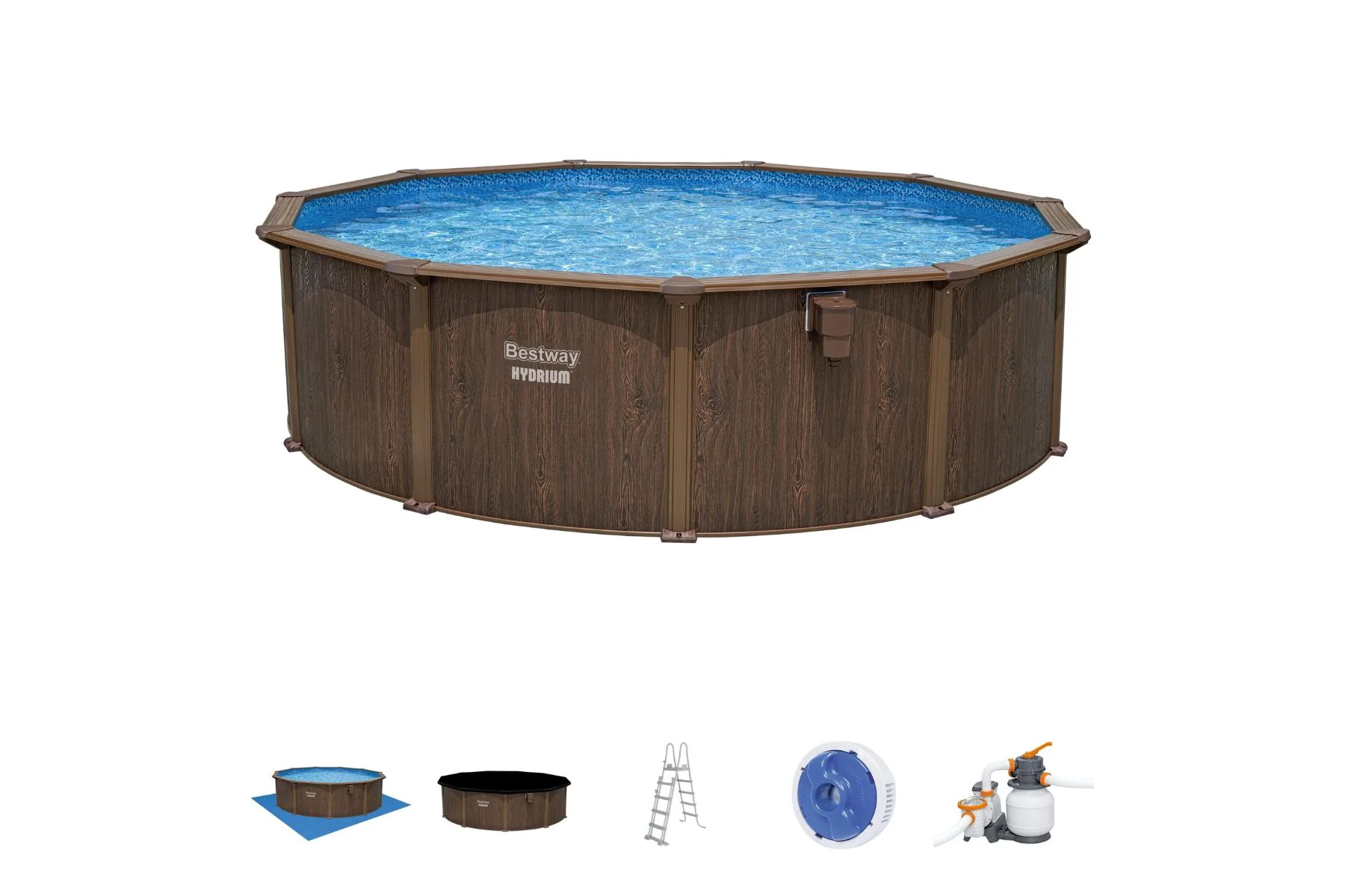 2025 Set di piscina in acciaio Hydrium rotondo con finitura in legno, 16 piedi x 52 pollici, per piscina gonfiabile