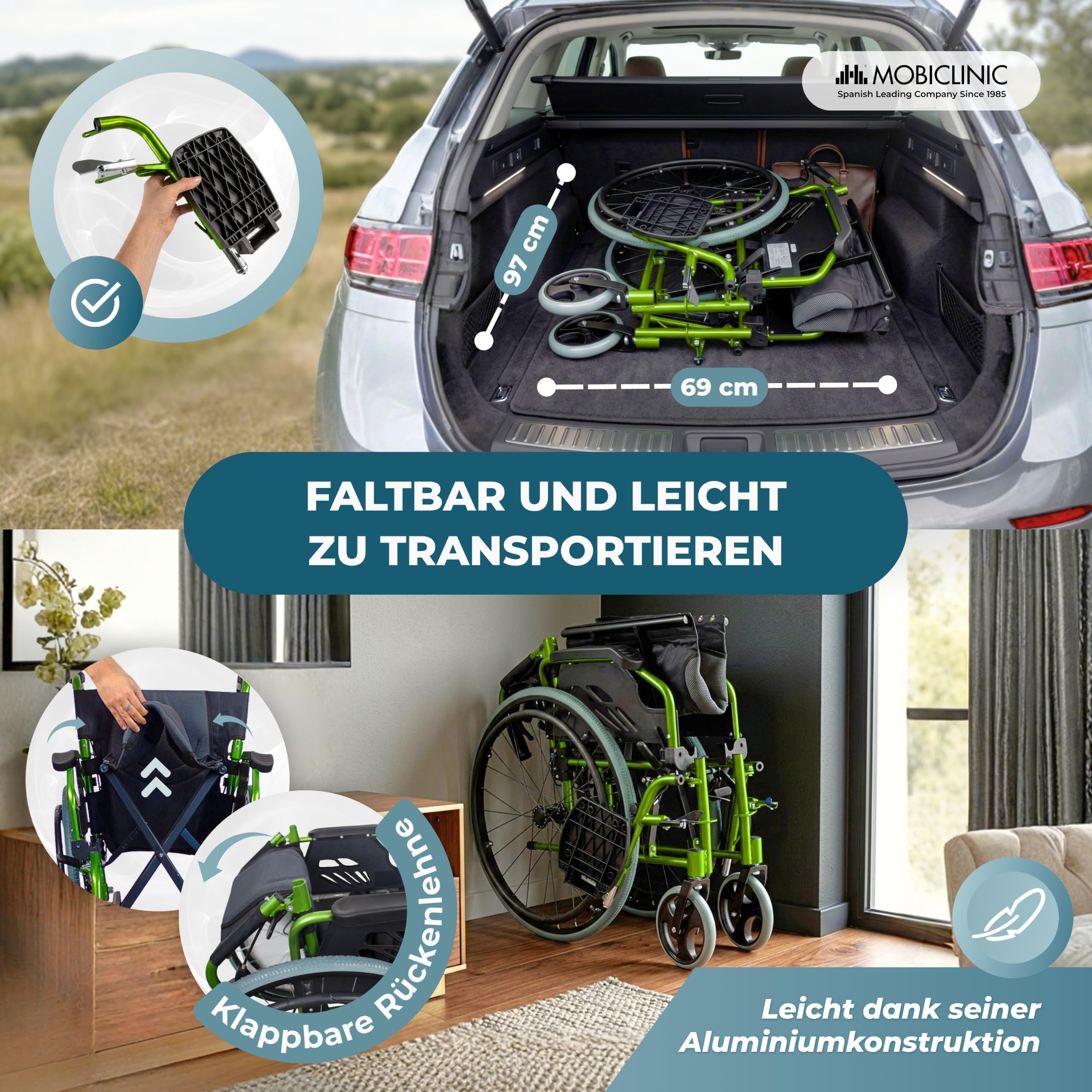 Faltbarer Rollstuhl aus Aluminium, selbstfahrend, mit klappbarer Rückenlehne und Armlehnen, abnehmbaren Fußstützen und doppeltem Bremssystem, bis 110