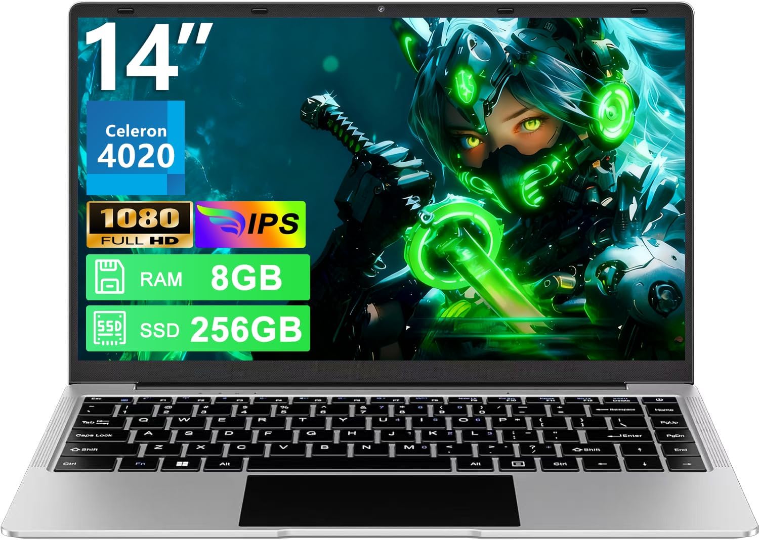 PC Portatile 14 Pollici Computer Portatile 8GB RAM 256GB SSD RPM 600 Notebook Celeron Fino a 2.8Ghz Laptop Win 11 con Mouse Wireless & Adesivi per Tastiera Italiana-Sliver-2