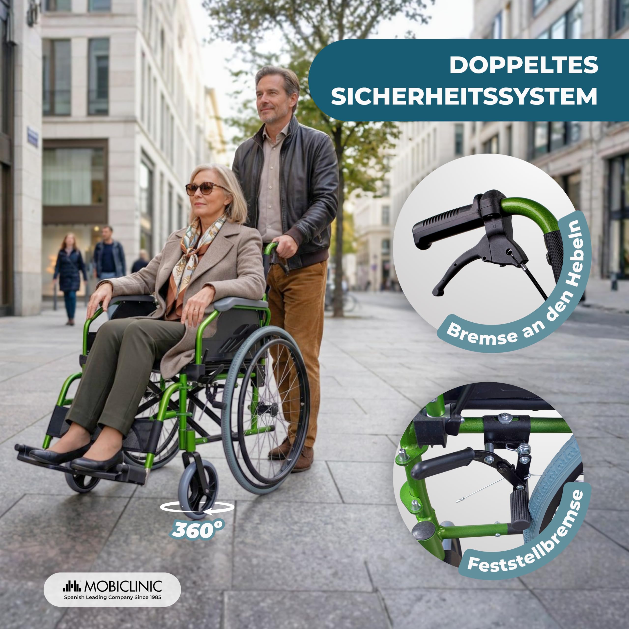 Faltbarer Rollstuhl aus Aluminium, selbstfahrend, mit klappbarer Rückenlehne und Armlehnen, abnehmbaren Fußstützen und doppeltem Bremssystem, bis 110
