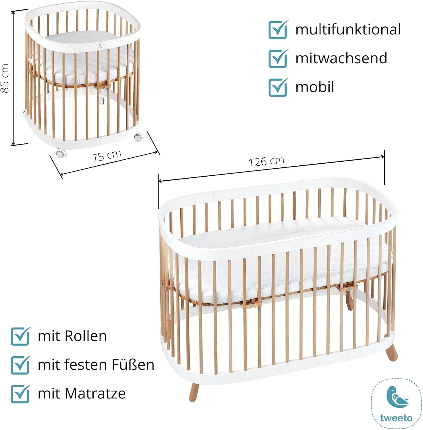 tweeto® Babybett 7 in 1 – mitwachsendes Babybett aus Holz | höhenverstellbares Beistellbett & Gitterbett | umbaubar zu Kinderbett & Laufstall (Buche Natur)