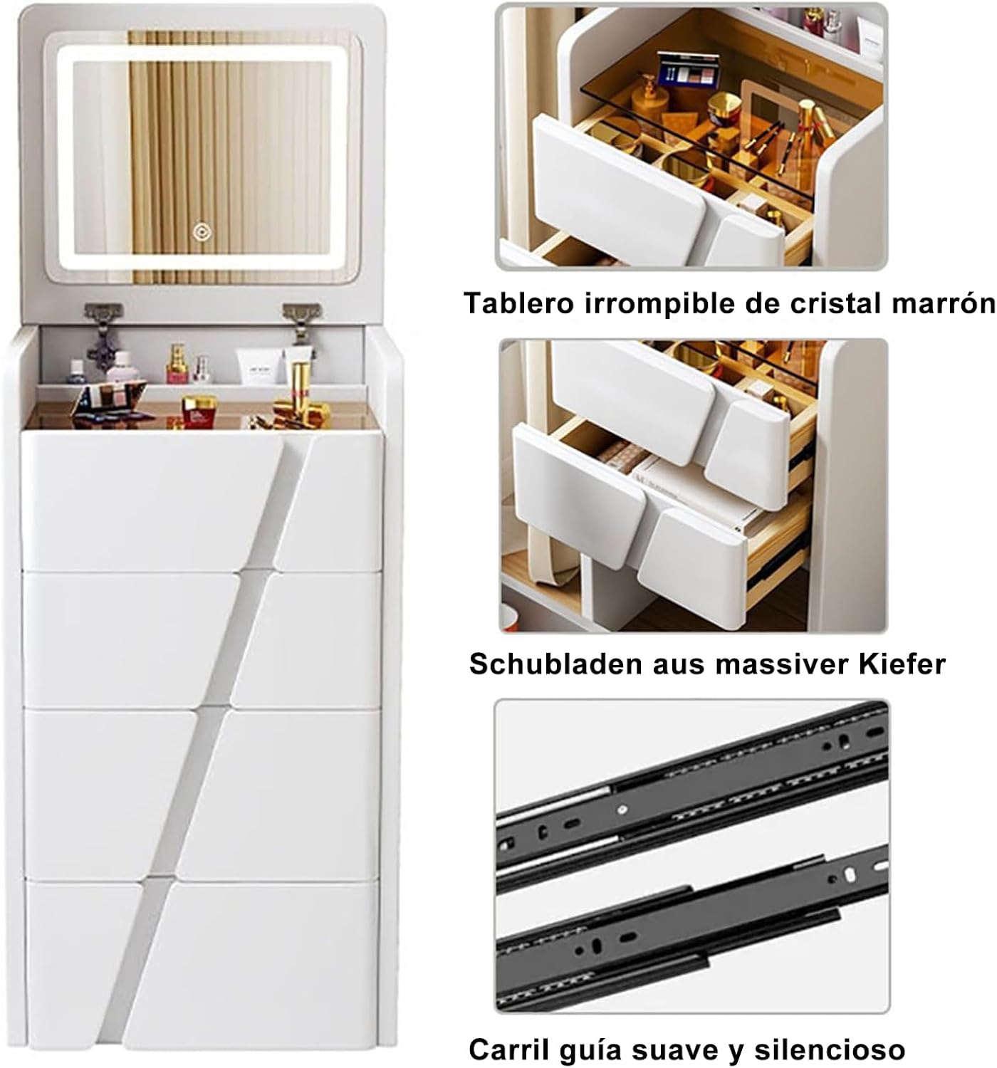 3 in 1 Makeup Desk, Makeup Vanity with Folding Mirror and Brightness Adjustable LED Light, Modern Makeup Desk with 4 Drawers and Padded Stools, White