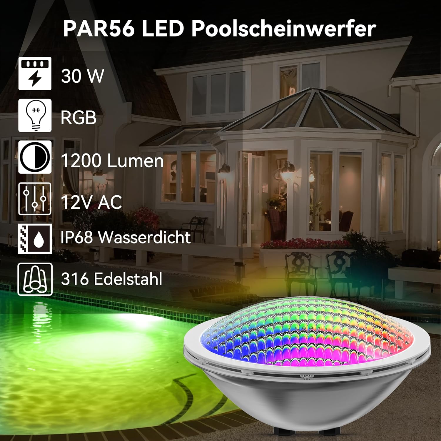 LyLmLe LED Poolbeleuchtung PAR56, 30W Poolscheinwerfer RGB Farbwechsel Externe Synchronisation mit Fernbedienung, 316L Edelstahl, IP68 Wasserdicht LED Unterwasserscheinwerfer, 12V AC(2er-Pack)