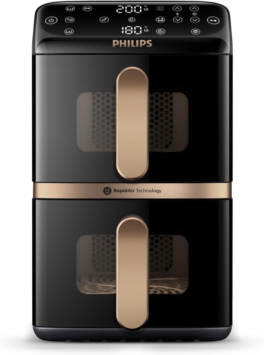 Philips Airfryer 4000 Series Stacked Dual Basket, Stacked Hot Air Fryer, 2 Chambers, 10L, RapidAir Technology, 45% Less Space, PFAS-Free Ceramic Coating, Viewing Window (NA460/00)