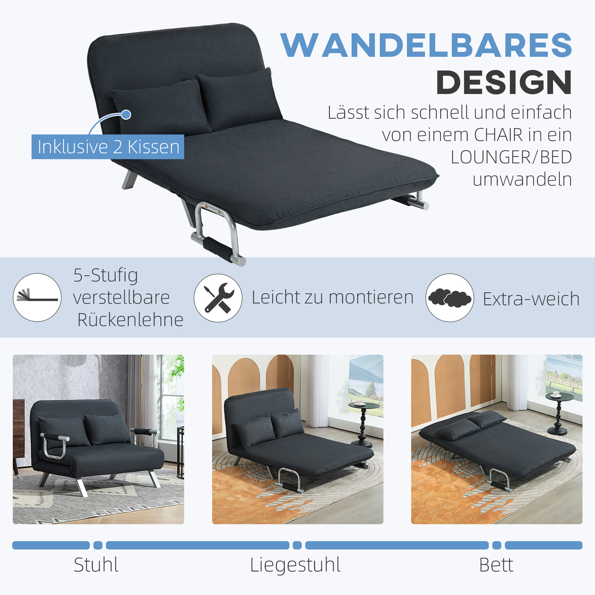 Slaapbank, 5-voudig verstelbaar, Su��de-imitatie, Stalen frame, Incl. kussen, Zwart