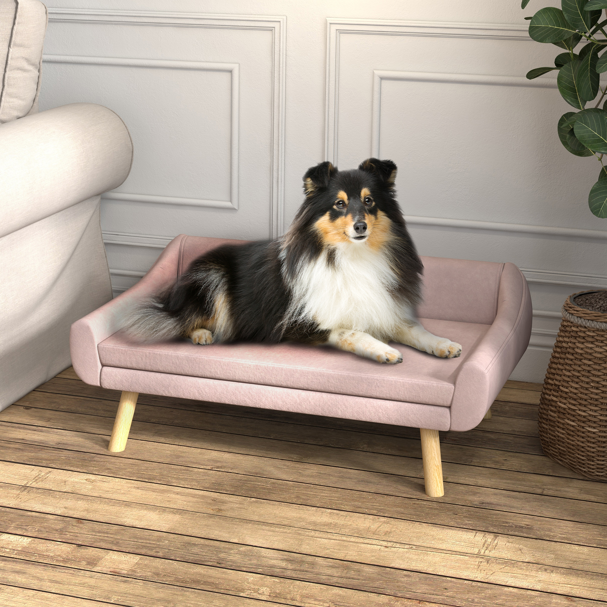 PawHut Haustiersofa Hundesofa, Skandidesign, abnehmbares Polster, Samtoptik, 102 cm x 58,5 cm x 42,5 cm, Rosa + Natur