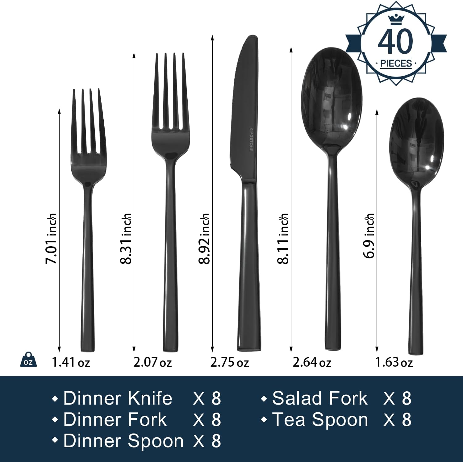KINGSTONE Black Silverware Set, 40-Piece Forged Flatware Set Cutlery Set Premium Stainless Steel, Service for 8, for Kitchen, Home, Wedding, Party, Mirror Polished and Dishwasher Safe