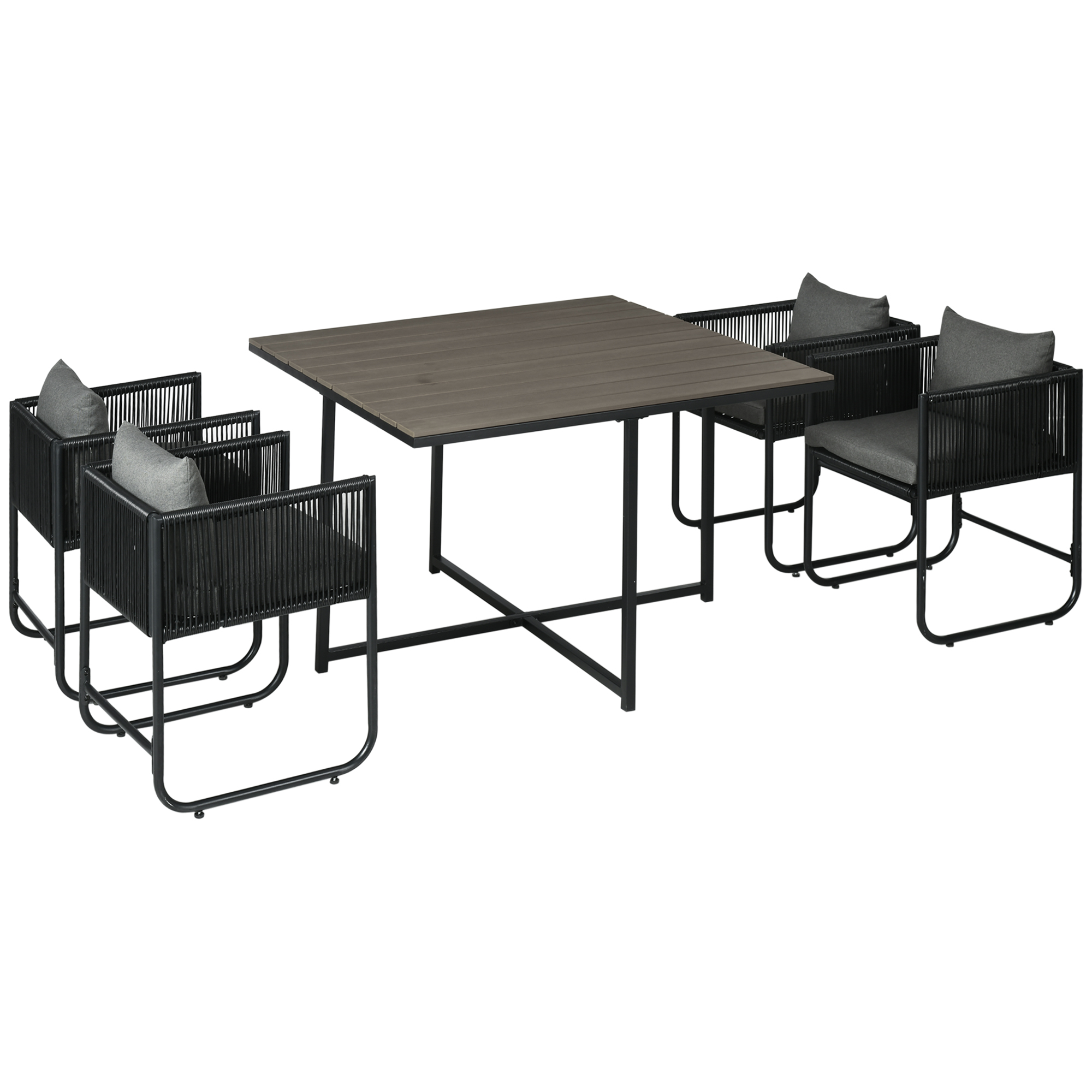5-delige tuinset, polyrattan, inclusief zitkussens, weerbestendig, zwart/grijs