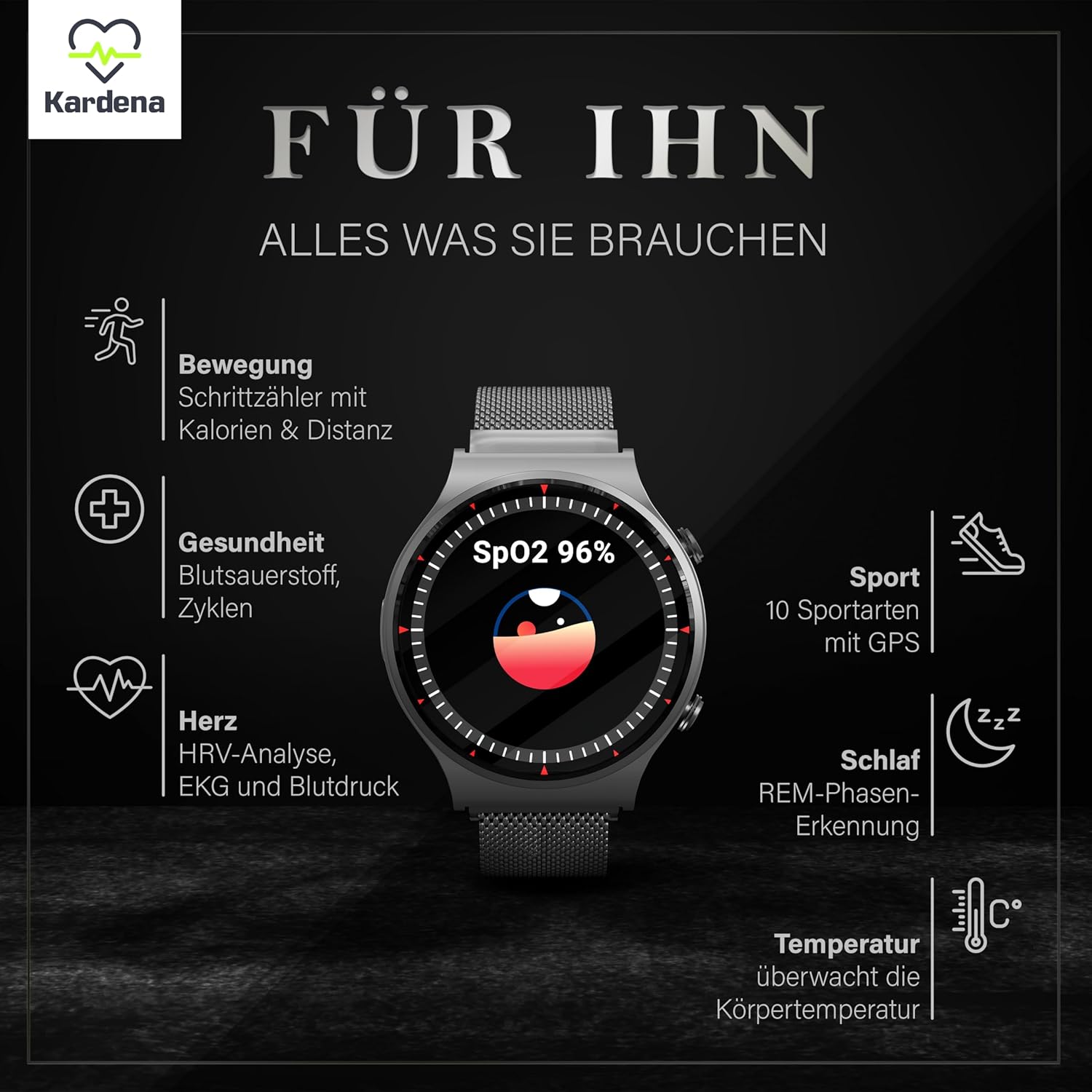 Kardena Care Pro 2 Gesundheitsuhr GPS IP68 wasserdicht für Android und iOS - Smartwatch mit Blutdruckmessung Blutsauerstoffmessung EKG Pulsmesser Vorhofflimmern Schrittzähler - Fitness Tracker
