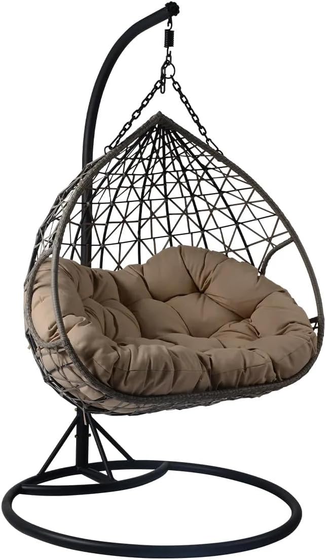 Rattan Lita XL Hanging Egg Chair Outdoor PE Rattan Hanging Chair with Padded Cushions, Steel Frame, Ergonomic Design, for Garden, Patio, Porch