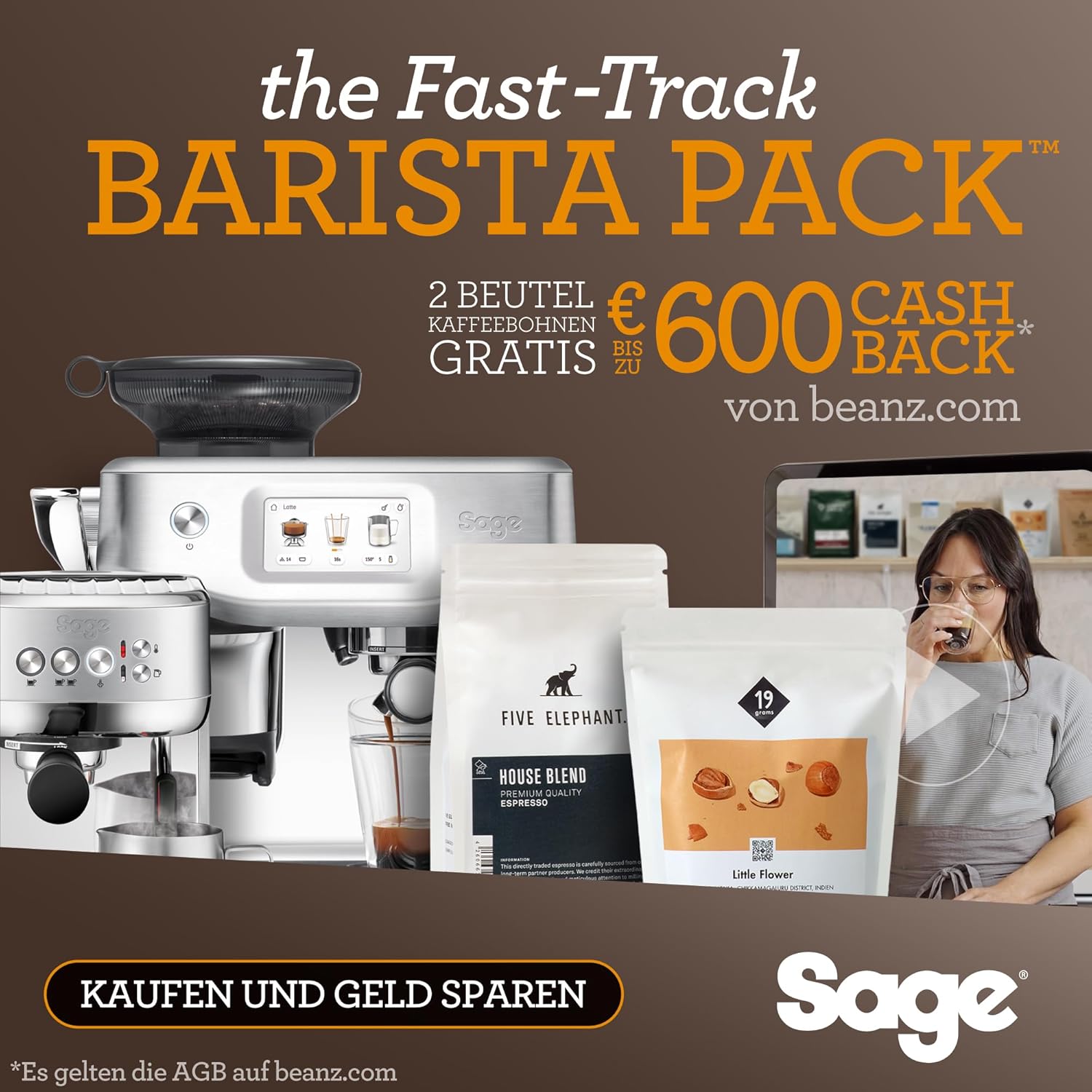 Sage - The Barista Touch - Kaffeemaschine mit automatischem Milchaufschäumer & integriertem Mahlwerk - Touchscreen, abnehmbarer Tamper, 5 Voreinstellungen - Siebträgermaschine - Gebürsteter Edelstahl