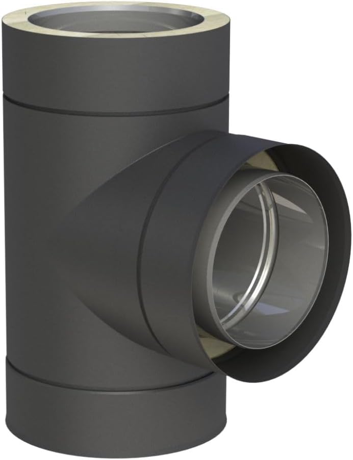 Jeremias DW-Black 200mm T-Stück 87 Grad doppelwandige Abgasanlage Edelstahl schwarz matt für Öl Gas Festbrennstoffe