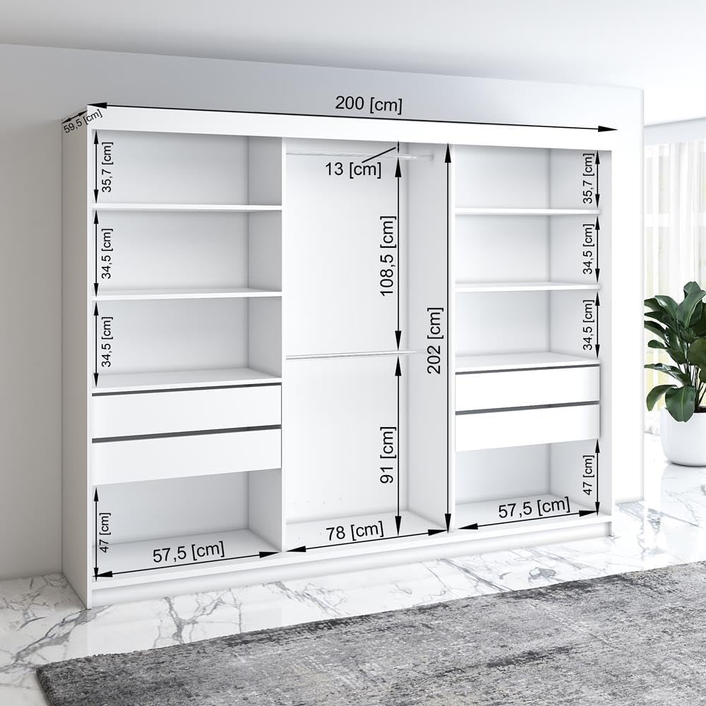A&J MöbelLand Schwebetürenschrank VILUNO 2 Kleiderschrank 3-türig 200 cm mit Spiegel, 4 Schubladen & 2 Kleiderstangen, Geräumiger Schlafzimmerschrank (Schwarz)