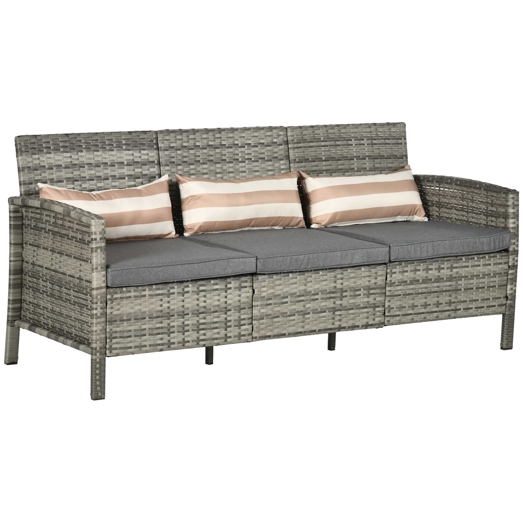 Outsunny Rattan Sofa mit Kissen, Dreisitzer, Garten Loungesofa, Stahl, Grau, 173 x 68 x 78 cm