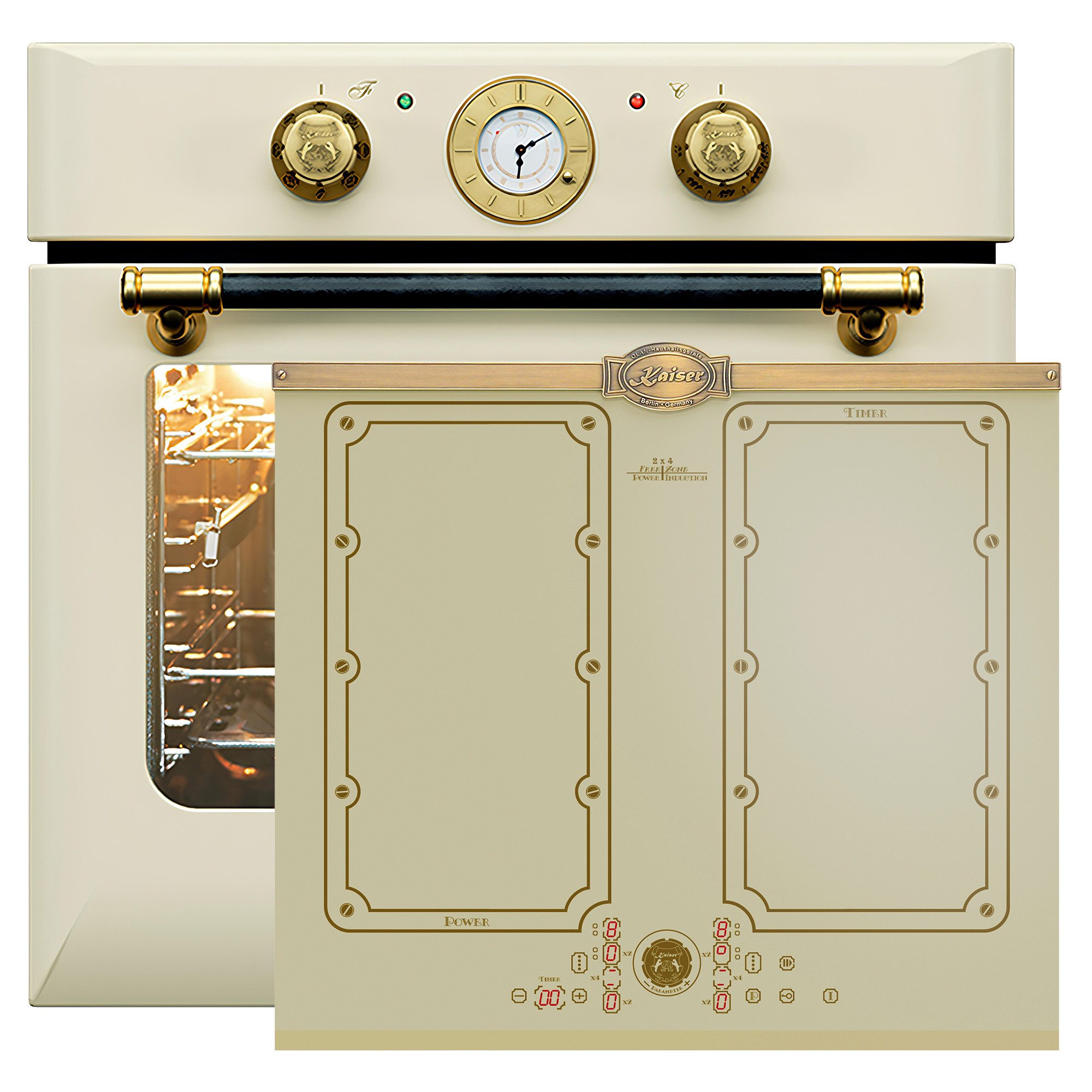 Backofen-Set Herd Set Autark Retro Einbaubackofen 68L Drehspieß Selbstreinigung Pizzafunktion 60 cm mit Induktionskochfeld 60 cm FREE ZONE mit 2 FLEX Induktions-Zonen EH 6432 ElfBE Eco+KCT 6192 FI ElfEm