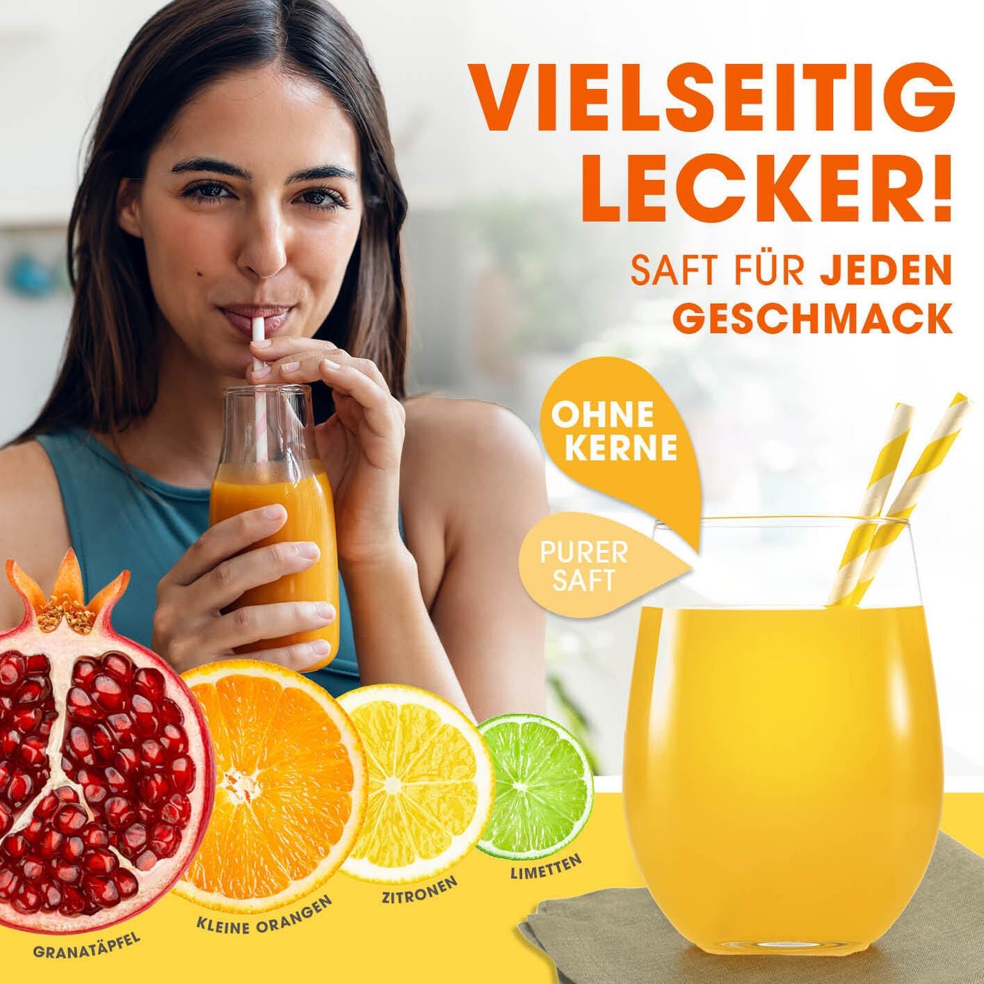 Lumaland Edelstahl Saftpresse | Hochwertige, sehr leise, manuell bedienbare Zitruspresse | Stilvolle Handpresse, wartungsfrei & leistungsstark für viel mehr Saft | Einfach frische Sfte pressen