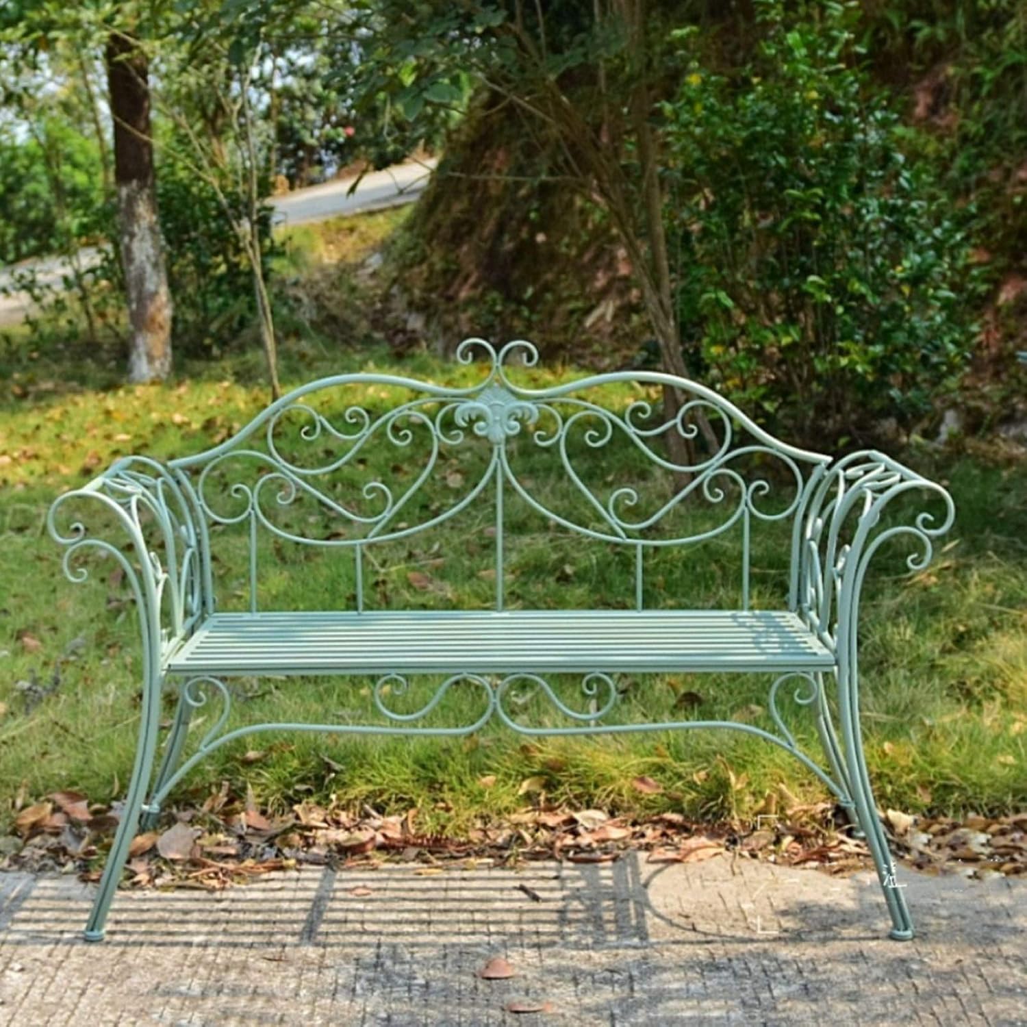 Metal Garden Bench, Double Wrought Iron Country Chair Bench Leisure Chair with Backyard Decor Garden Bench