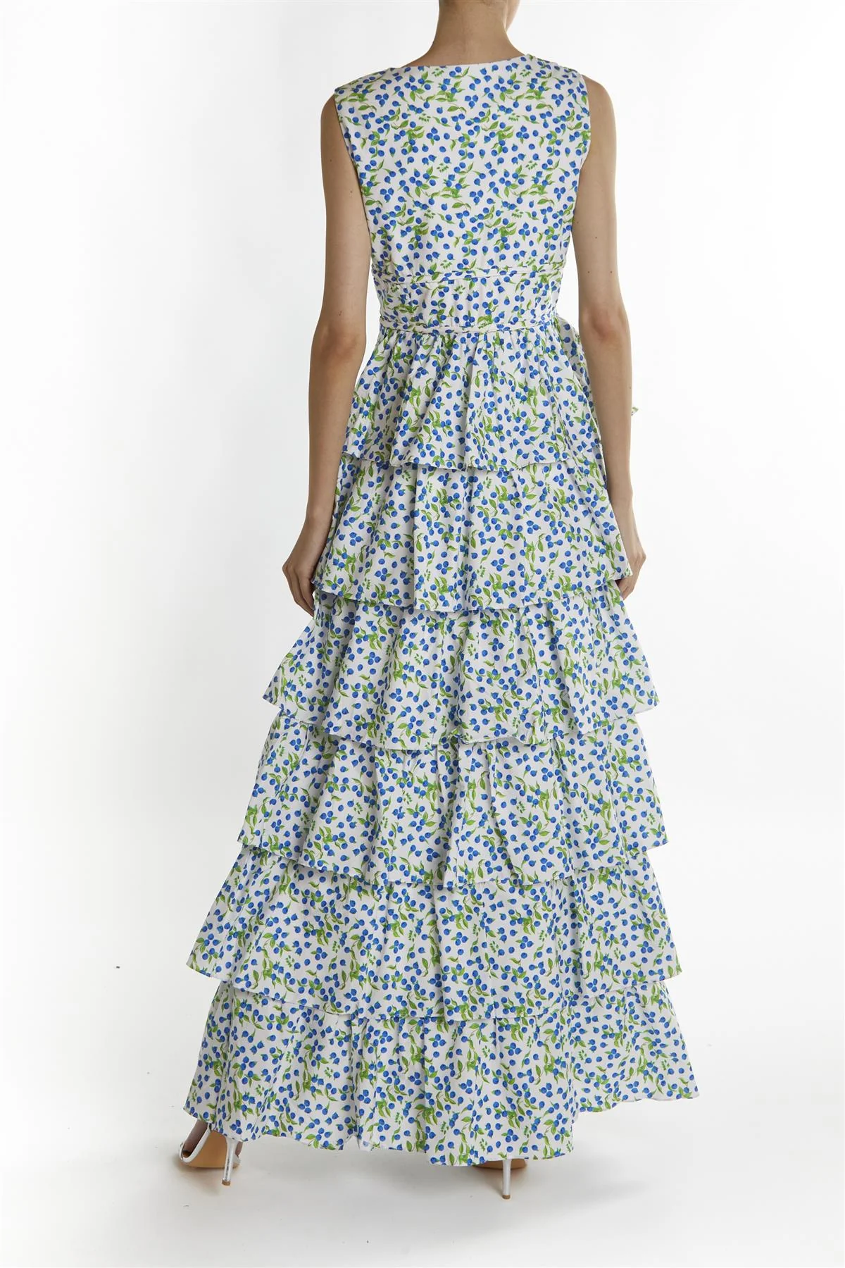 White-Blueberry Print Genevieve Tiered Maxi-Dress