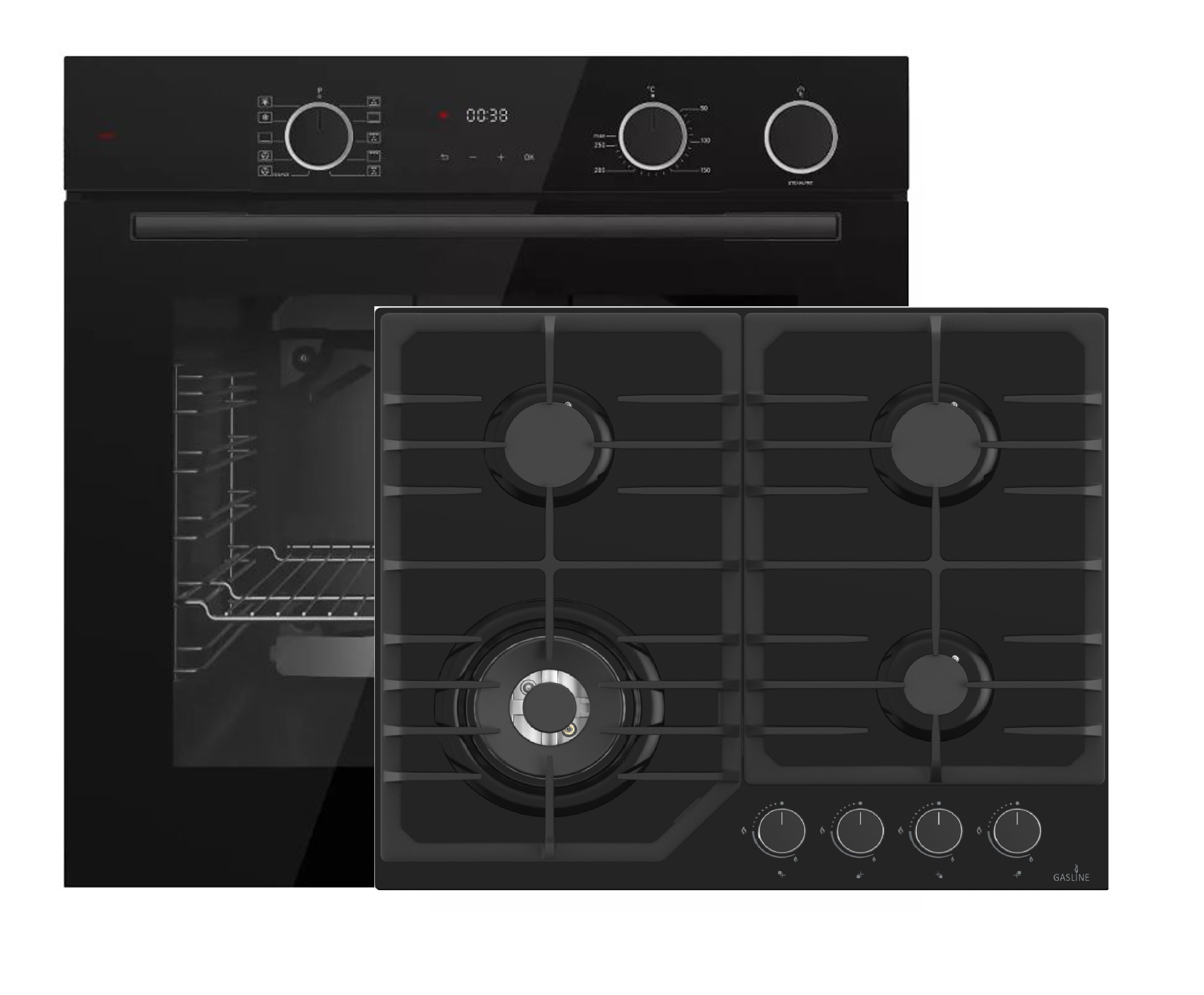 Elektro-Herd-Set Böhme Einbaubackofen + Gaskochfeld 60cm Glaskeramik mit 4 Brennern WOK