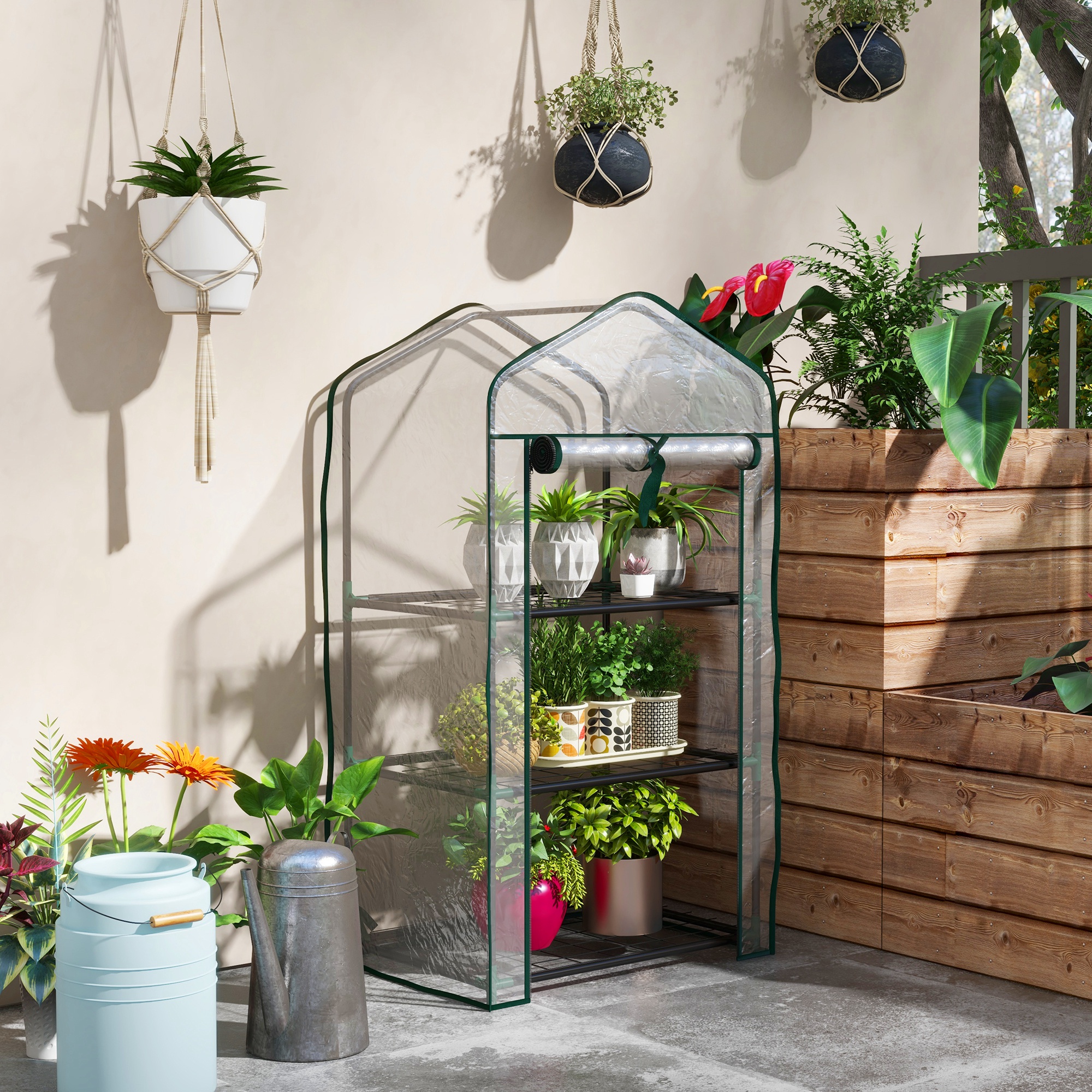 Outsunny Garten-Gewächshaus Regal 3 Ebenen Abmessungen 59L x 39B x 127H cm pulverbeschichtetes Metall Transparent Grün