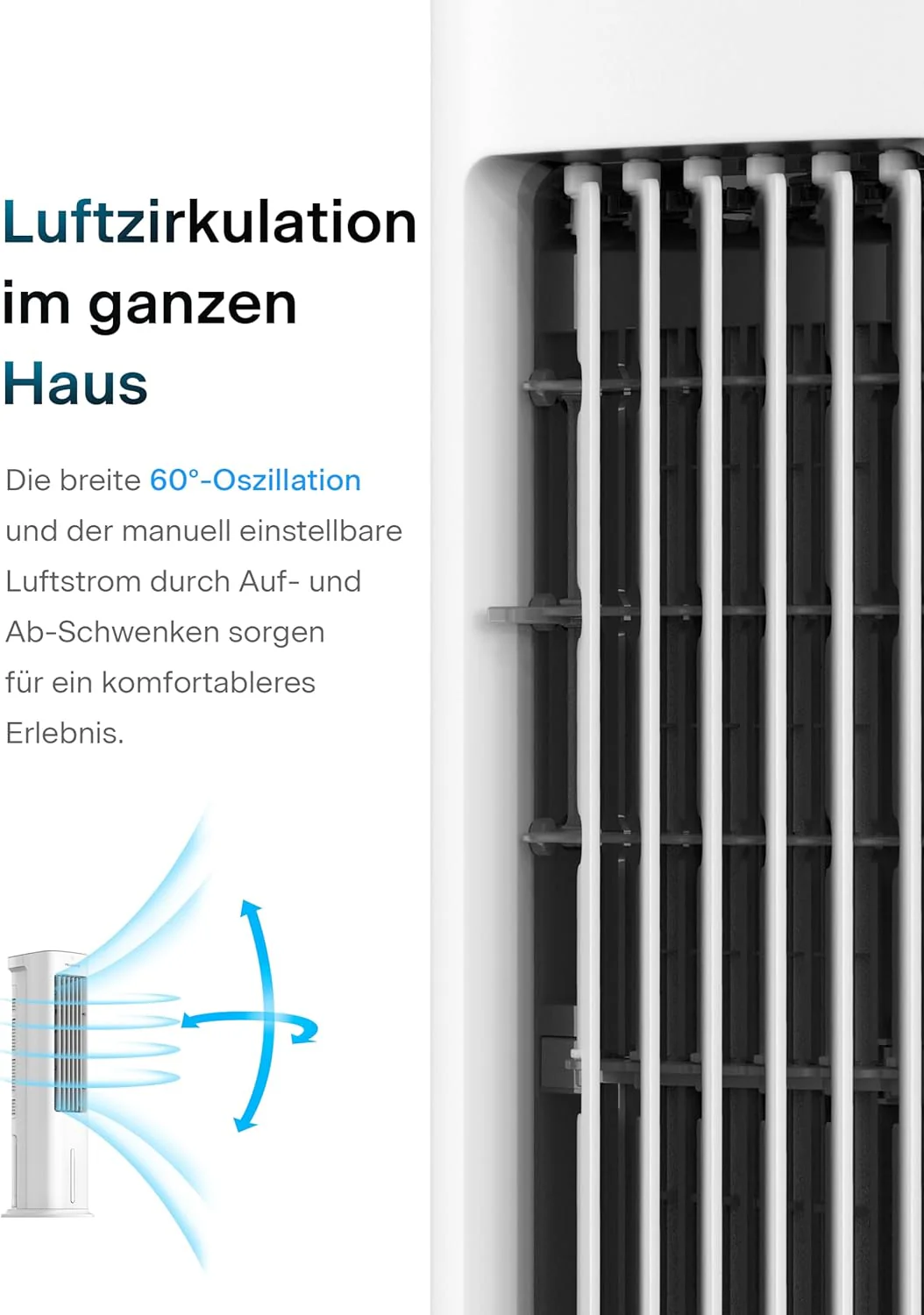 PELONIS Luchtkoeler met waterkoeling, Mobiele airconditioning, 5L Ventilator met waterkoeling, Luchtbevochtiger met afstandsbediening, 355m3/u Airconditioner zonder afvoerslang
