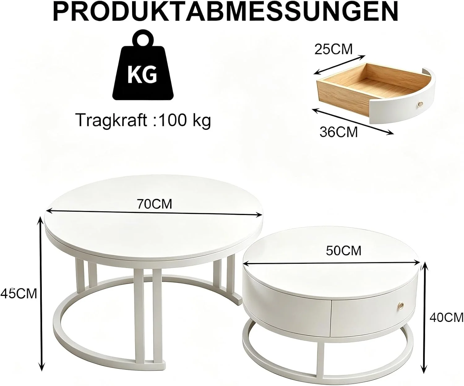 Runde Satztische 2er-Set mit Schublade & Stauraum, Weiß, 70/50 cm