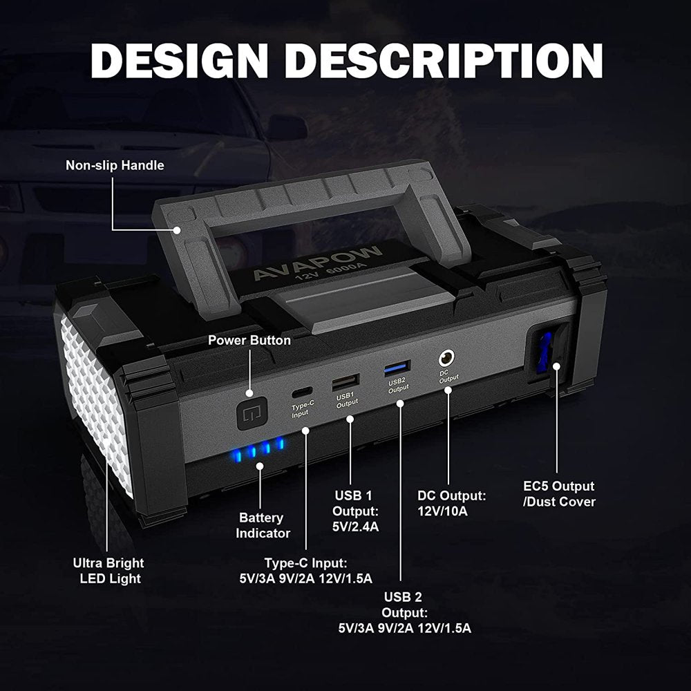 AVAPOW 6000A Car Jump Starter, Dual USB Quick Charge, LED Light, for Gas/Diesel Engines, 12V Vehicles