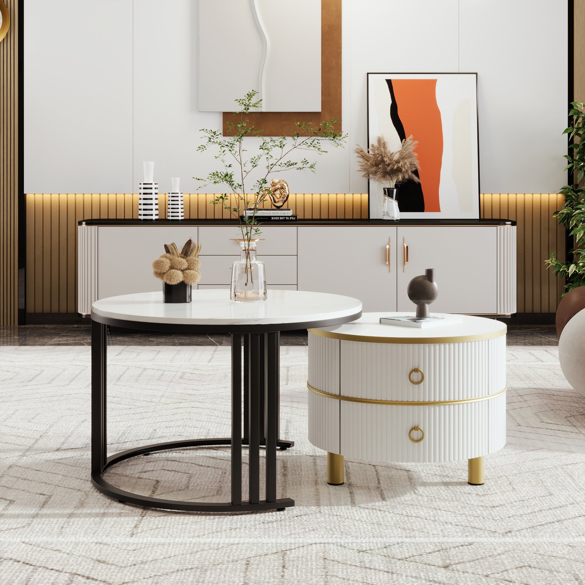 Runder Couchtisch 2-in-1 Design mit Schubladen für Wohnzimmer, Modernes Furniture, Weiß und Schwarz