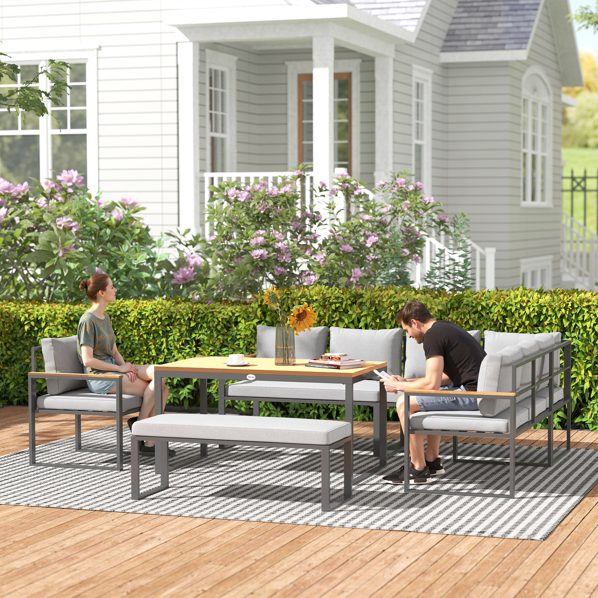 Outsunny Gartenmöbel-Set für den Außenbereich in Grau aus Stahl mit 3 Zweisitzer-Sofas, Sessel, Bank und Couchtisch