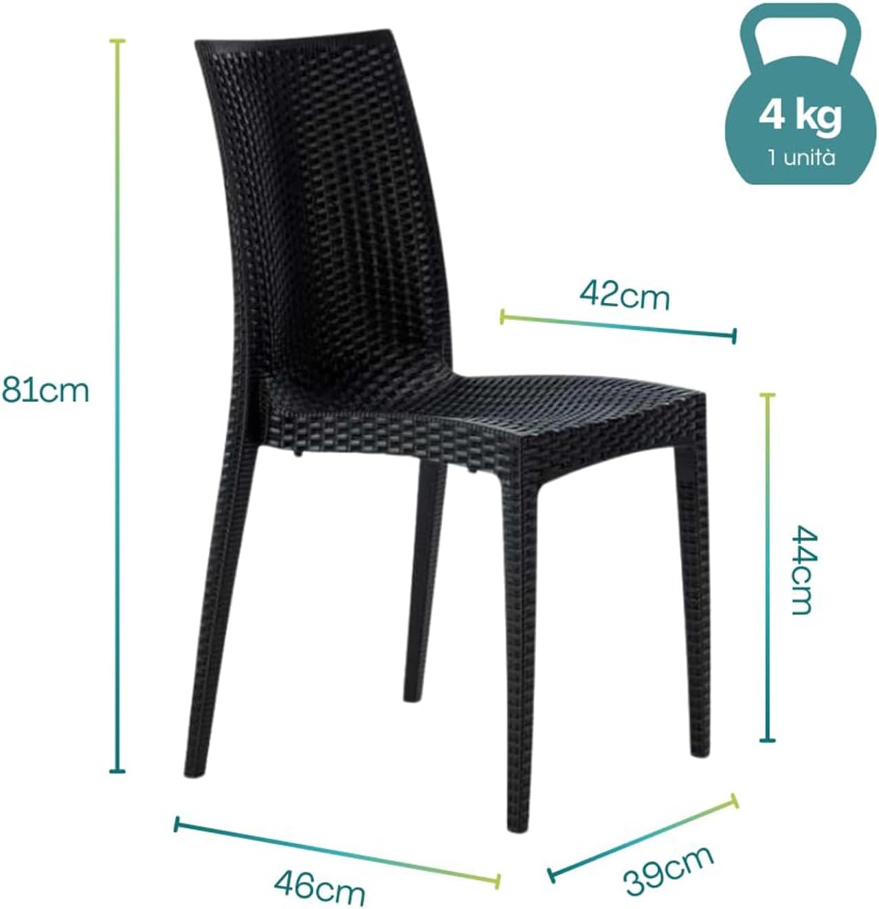 PALUPLUS KIN024F/MAD603F-23.5 Square Table Set with 4 Rattan Chairs, Plastic Anthracite Colour, Table Size 79 x 79 x 72 cm, Chair without Armrests, Outdoor Furniture, Terrace