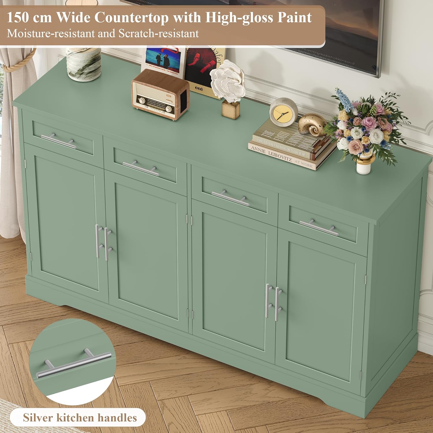 HOCSOK Credenza Cucina, 150 cm Madia Cucina con 4 Cassetti 4 Ante, Credenza Soggiorno con Maniglie in Metallo per Soggiorno, sala da pranzo, Ingresso, Mobile TV, 150×92×40 cm