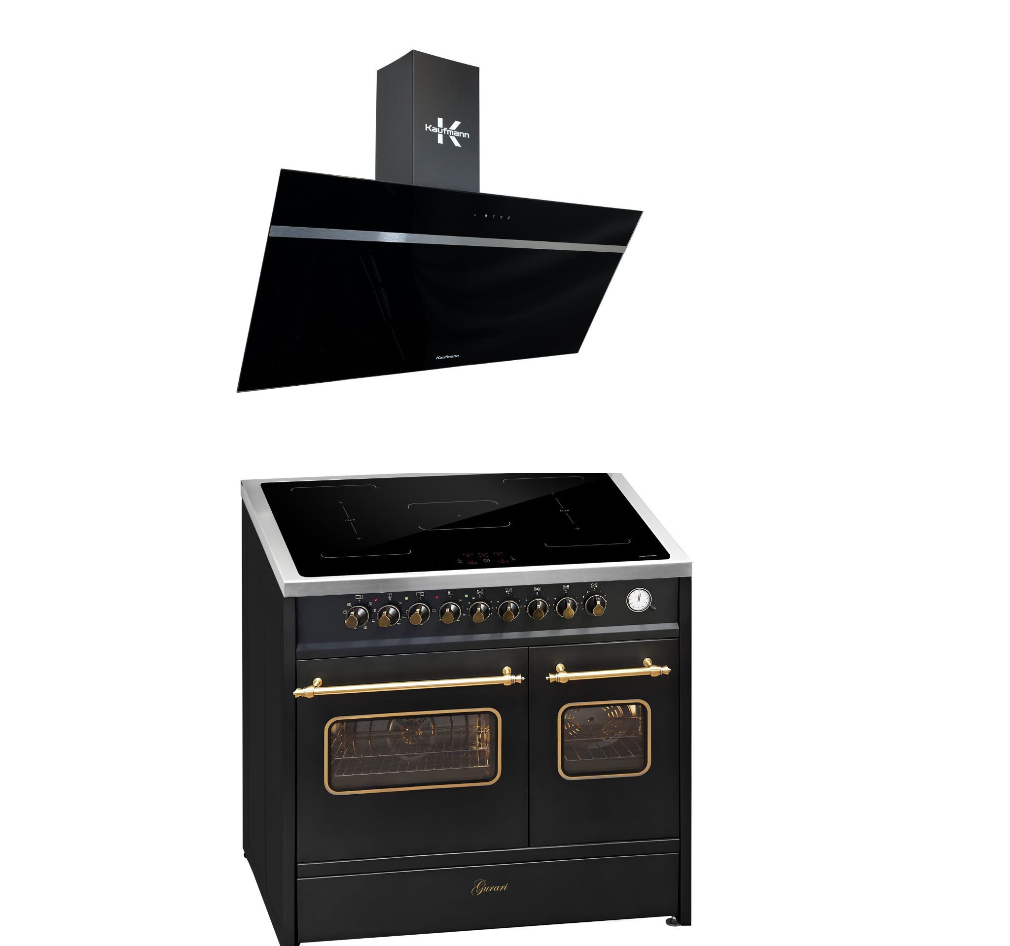 Induktions-Standherd Retro Elektro Standherd 90 cm, Range Coocker mit FLEX Induktion+Dunstabzugshaube 90 cm, 1000 m³/h E 913 DF RU BL+VIKTORIA 90 BL