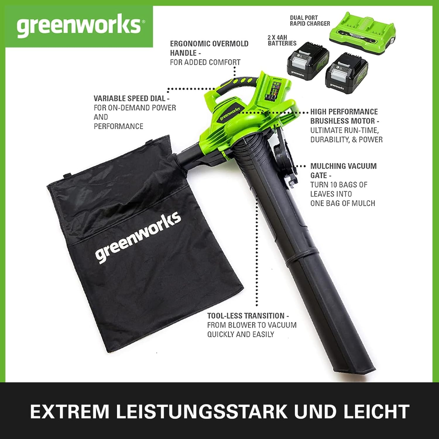 Greenworks 48V(2x24V) Akku Laubsauger / Laubblser mit Schultergurt, bürstenloser Motor, 322 km/h, 9 m/min, 45L Fangsack, zwei 4Ah Batterien & Ladegert, 3 Jahre Garantie GD24X2BVK4X