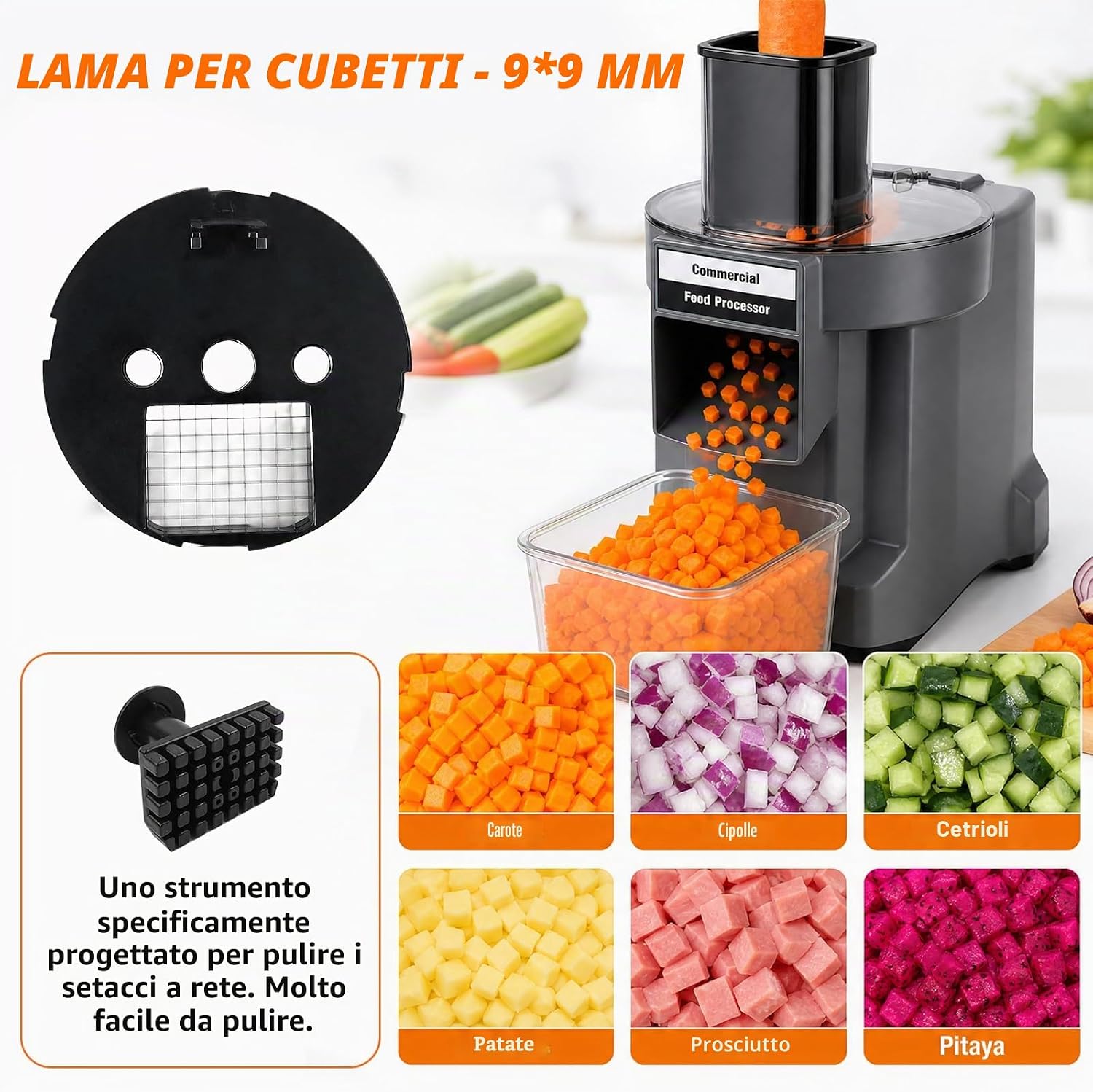 Tagliaverdure e affettaverdure elettrico Tagliaverdure a Cubetti Elettrico Cubettatrice per Verdure Frutta Professionale,affetta verdure elettrico a 2 Lame in Acciaio Inox Frutta e verdura da tagliare