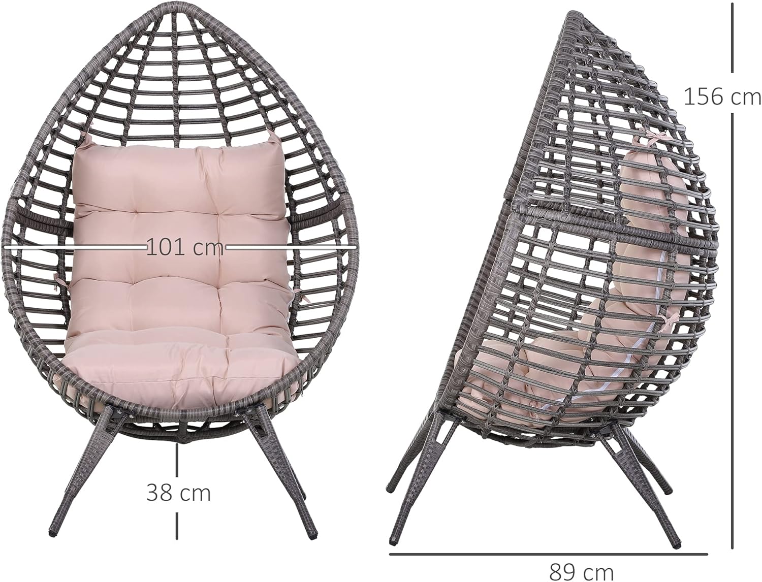 Outsunny Outdoor Rattan Chair with Cushion Grey and Beige Teardrop Shape Boho Chic Style 101 x 89 x 156 cm