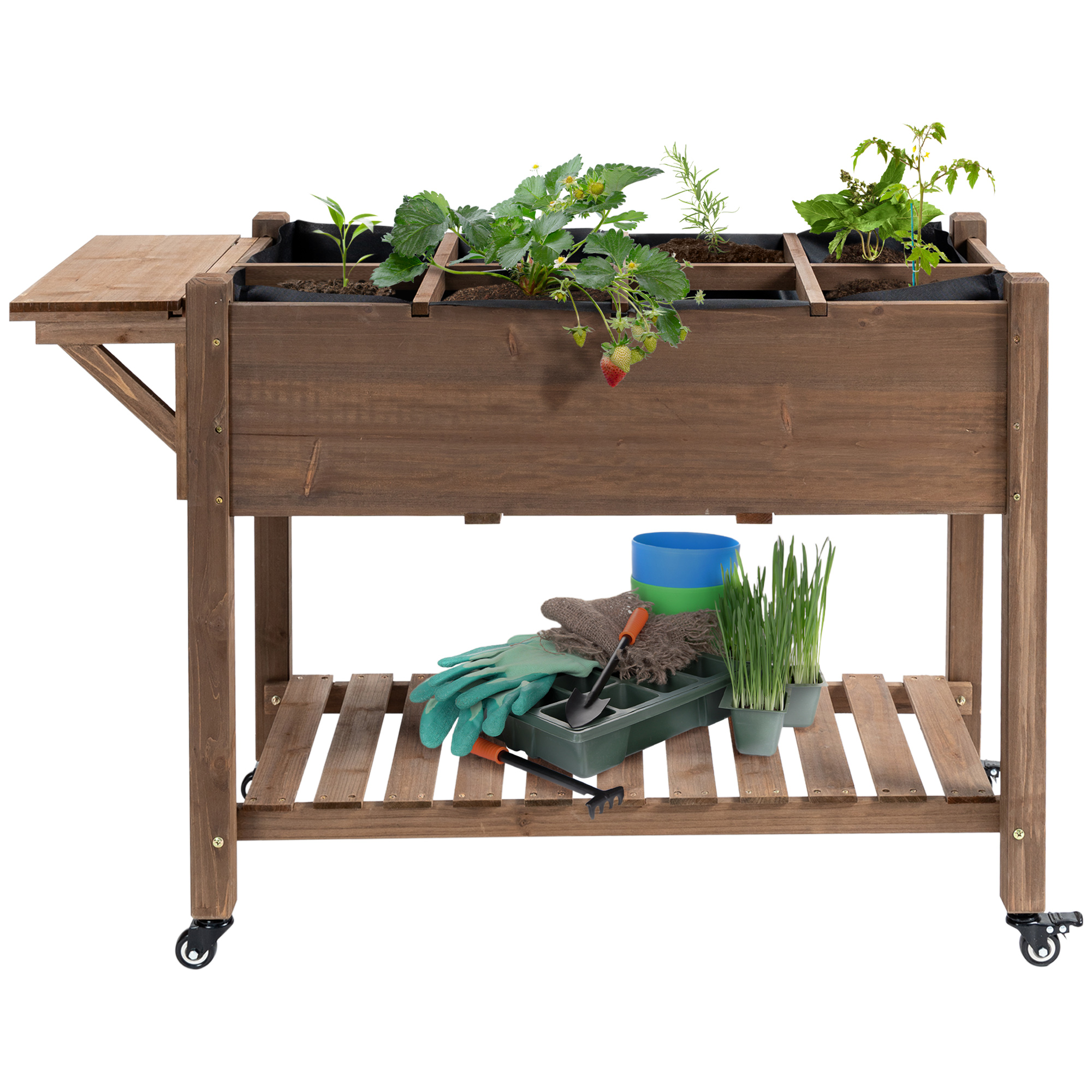 Outsunny Hochbeet auf Standfuß - Gemüsegarten auf Rollen - Regal, Klappbarer Tisch, Bewässerungseinsätze, Entwässerungsvlies Inklusive - Vorbehandeltes Tannenholz