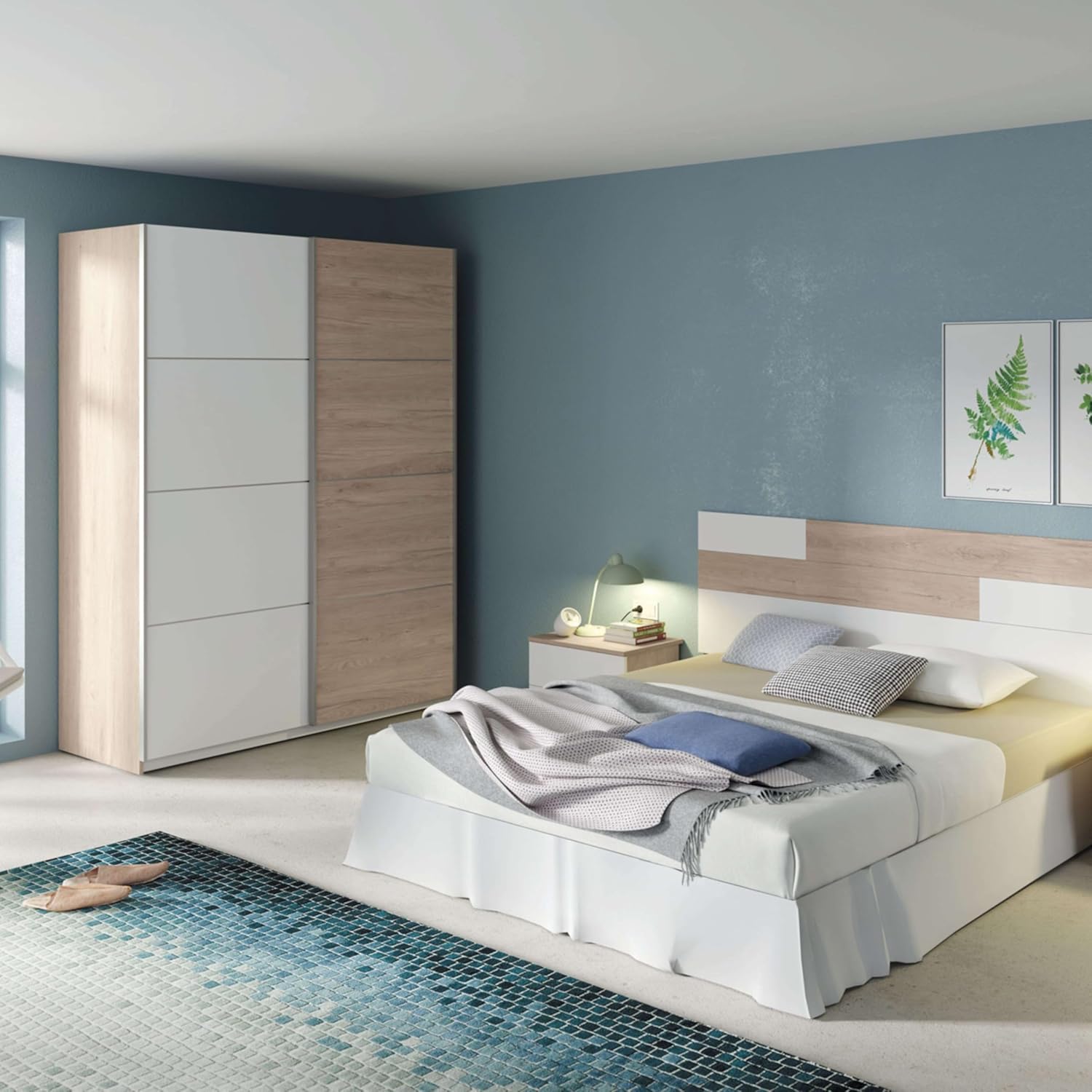 Muebles Pitarch | Armadio da Camera 2 Ante Scorrevoli Profilo Alluminio, 2 Aste, Bianco e Rovere Aurora, 200x150x62 cm (altezza x larghezza x profondità), Moderno, Modello Onix